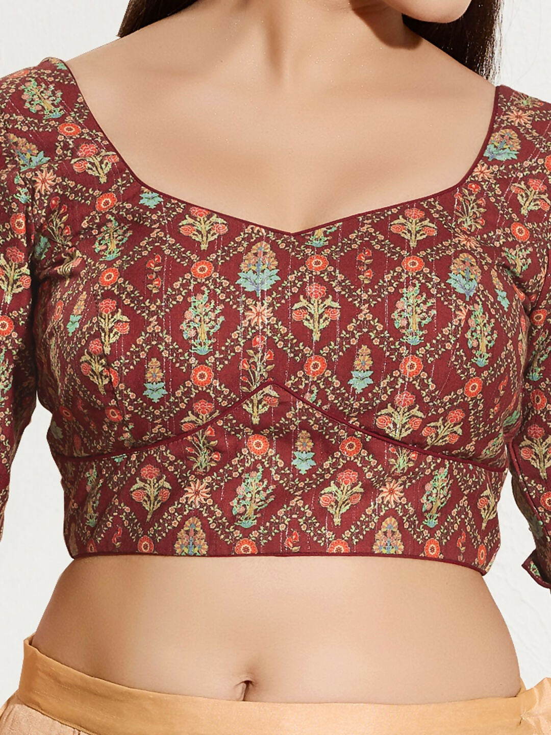 Joban Fashion Maroon Viscose Rayon Padded Blouse With Sweetheart Neck Elbow Sleeves