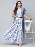 Ahalyaa Women Blue Crepe Printed Top with Skirt with Net Overlay