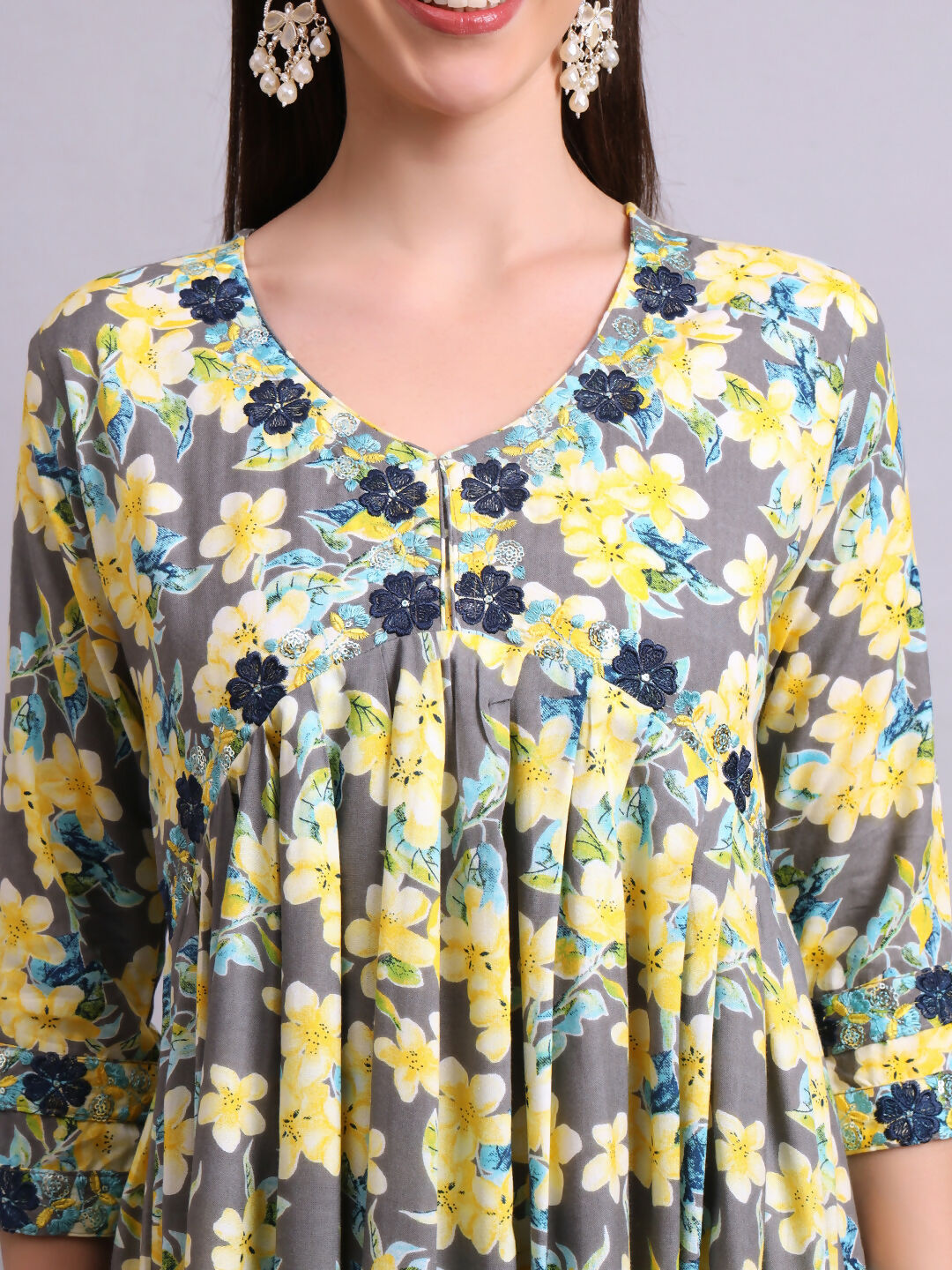 Joban Fashion Yellow Cotton Floral Printed & Embroidery Work Anarkali Dress With Dupatta Set