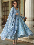 Juniper Women's Blue Cambric Floral Printed Circular Kurta Dupatta Sets