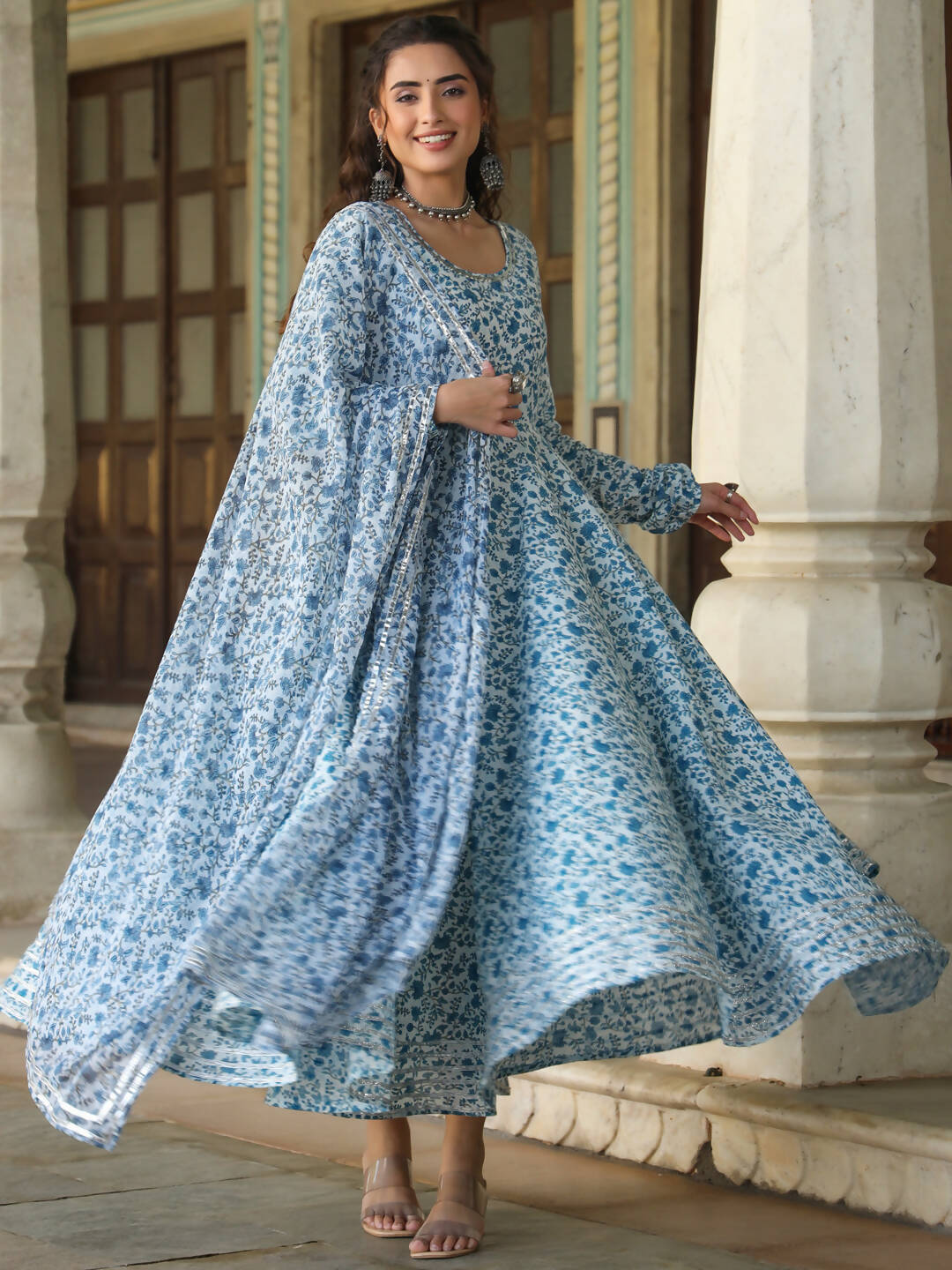 Juniper Women's Blue Cambric Floral Printed Circular Kurta Dupatta Sets
