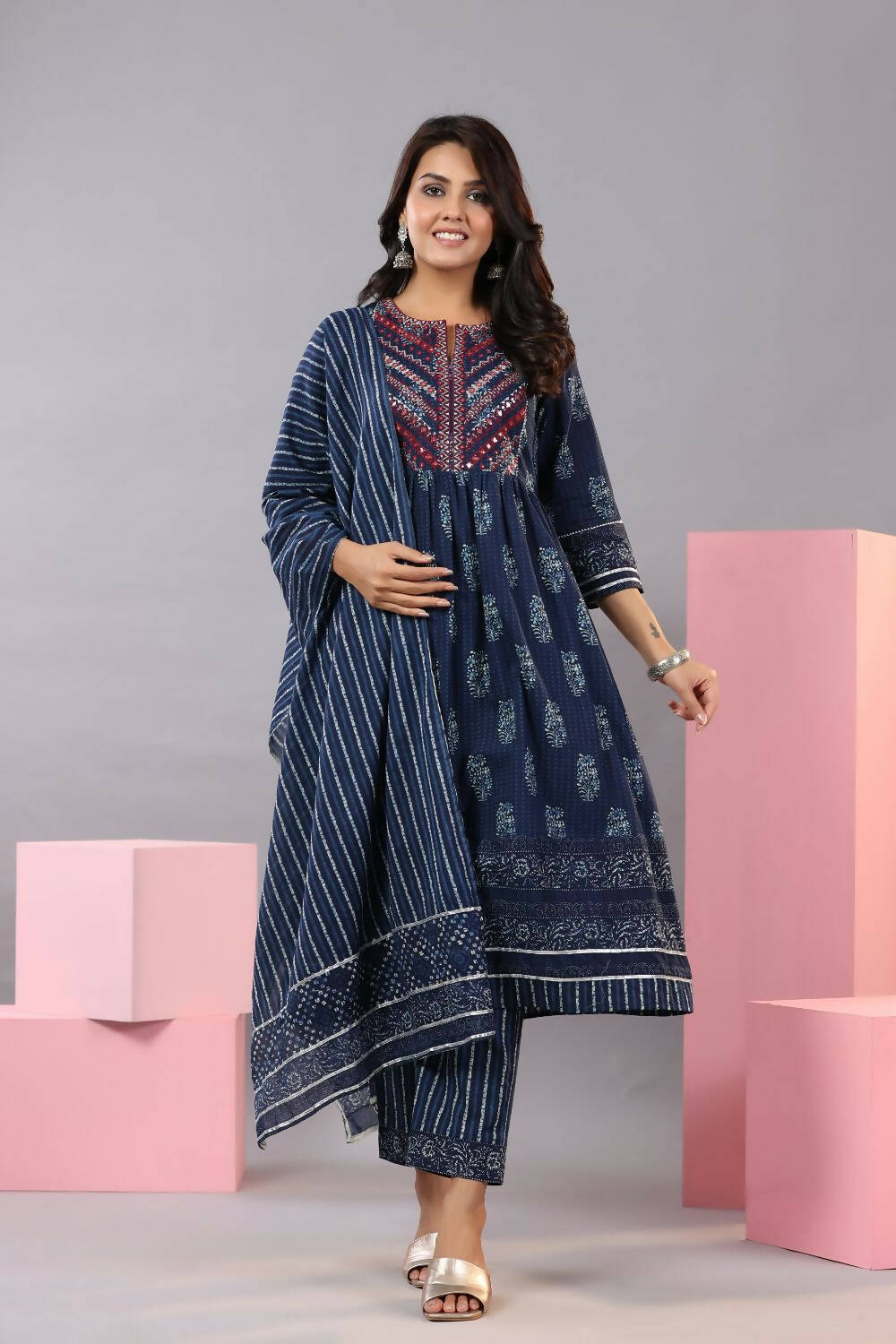 Juniper Women Indigo Cotton Cambric Batik texture Printed Kurta, Pants and Dupatta Set