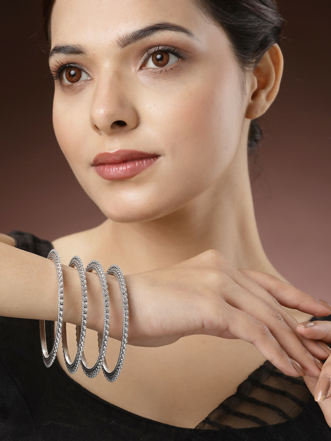 NVR Women's Set of 4 Silver-Toned German Silver Oxidised Bangles