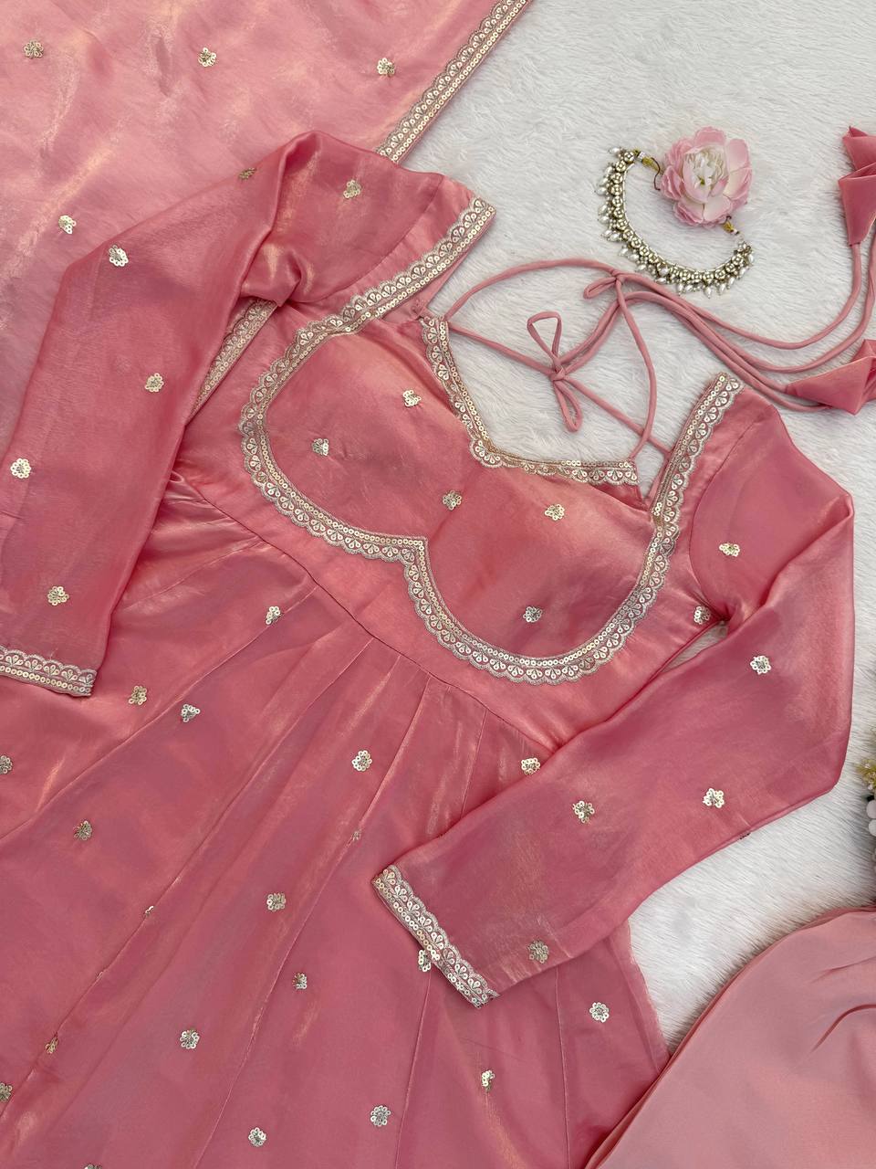 Prazu Fashion Dusty Rose Pink Fendy Silk Thread Sequence Anarkali Suit