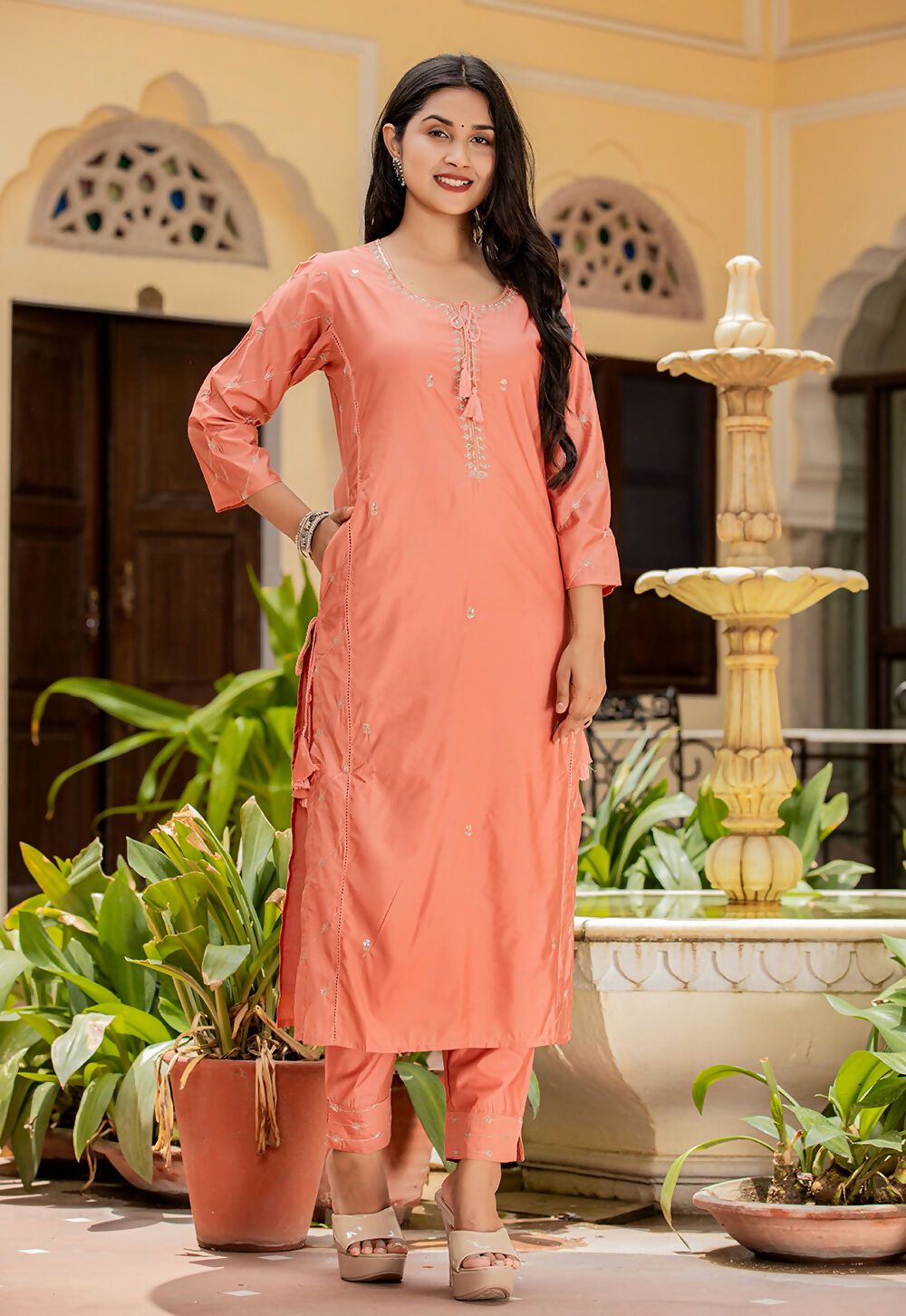 Kaajh Women's Rust Modal Silk Kurta Pant Set With Dupatta