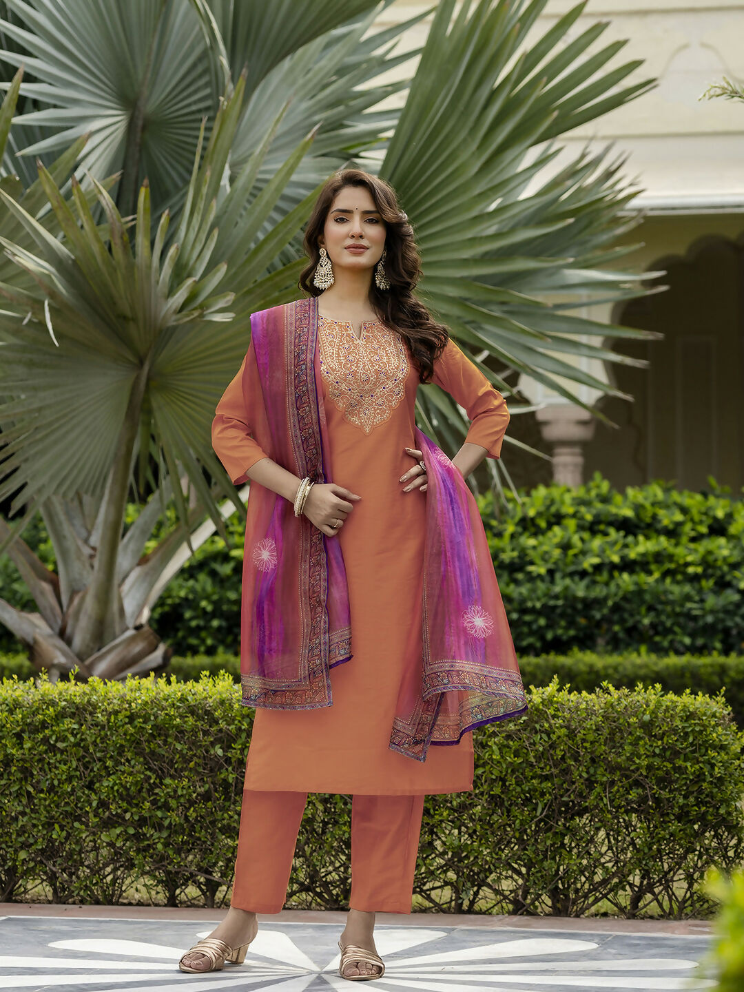The52 Orange Women's Gorgeous Embroidered Rayon Fabric with Straight Kurta, Pant and Dupatta Set