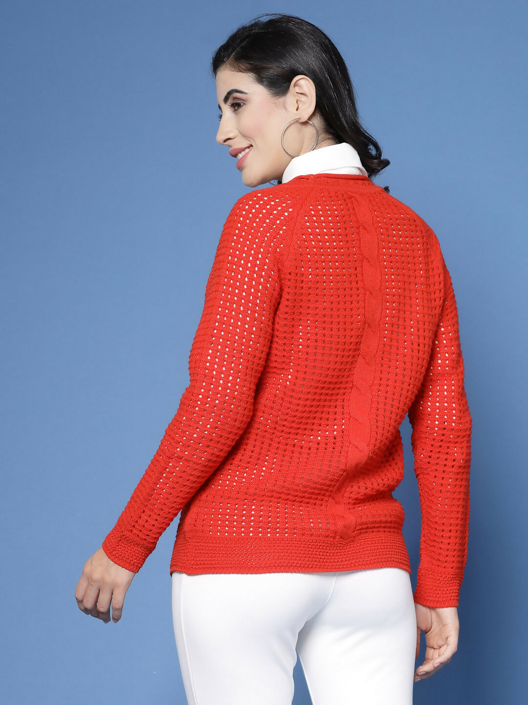 Women Pointelle Rust Acrylic Winter Sweater - Wool Trees
