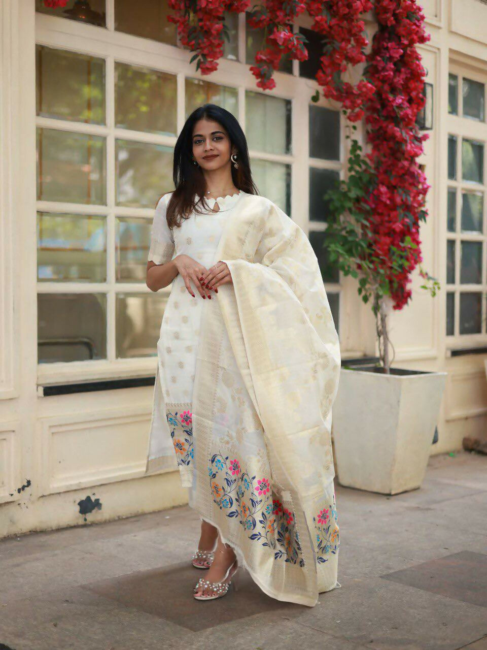 The52 White Women's Beautiful Viscose Jacquard Fabric Printed Work Straight Kurta Pant and Dupatta Set