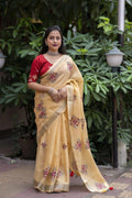 Yellow Pure Linen Ethnic Motifs Saree with Unstitched Blouse - Hiral Fashion