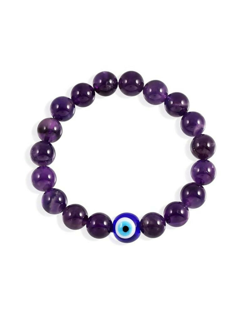 NVR Natural Amethyst Evil Eye Beaded Handmade Stretch Bracelet
