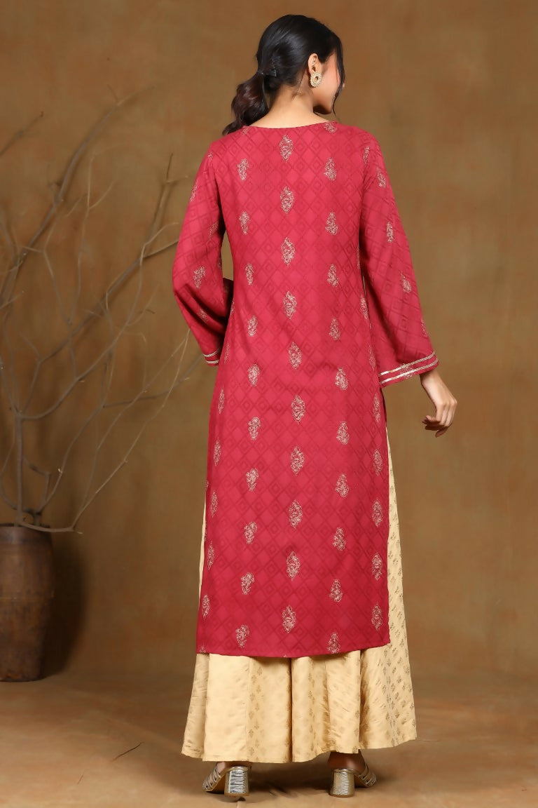 Juniper Wine Rayon Embroidered Straight Kurta
