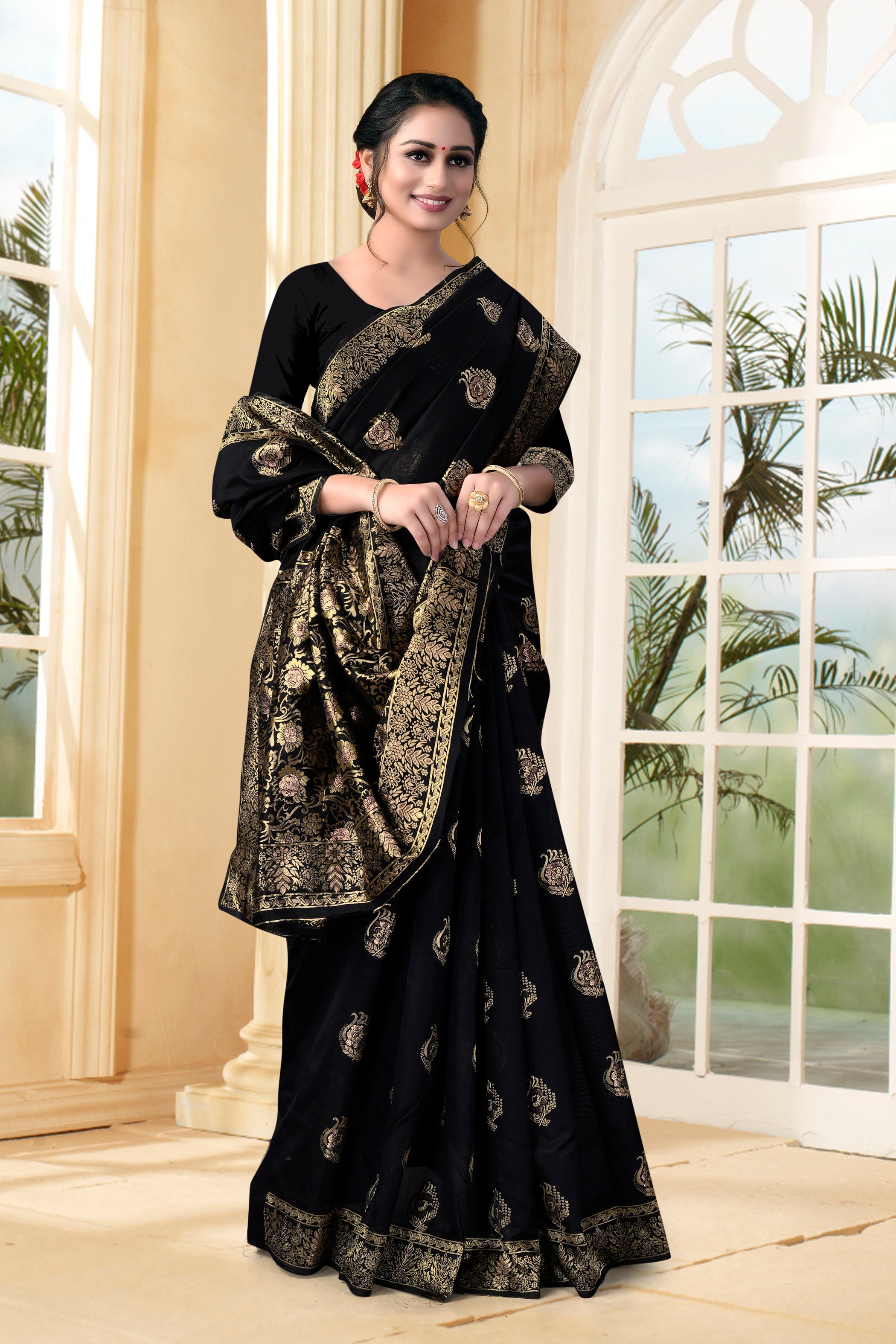 Vedant Vastram Litchi Silk Designer Banarasi Saree - Black