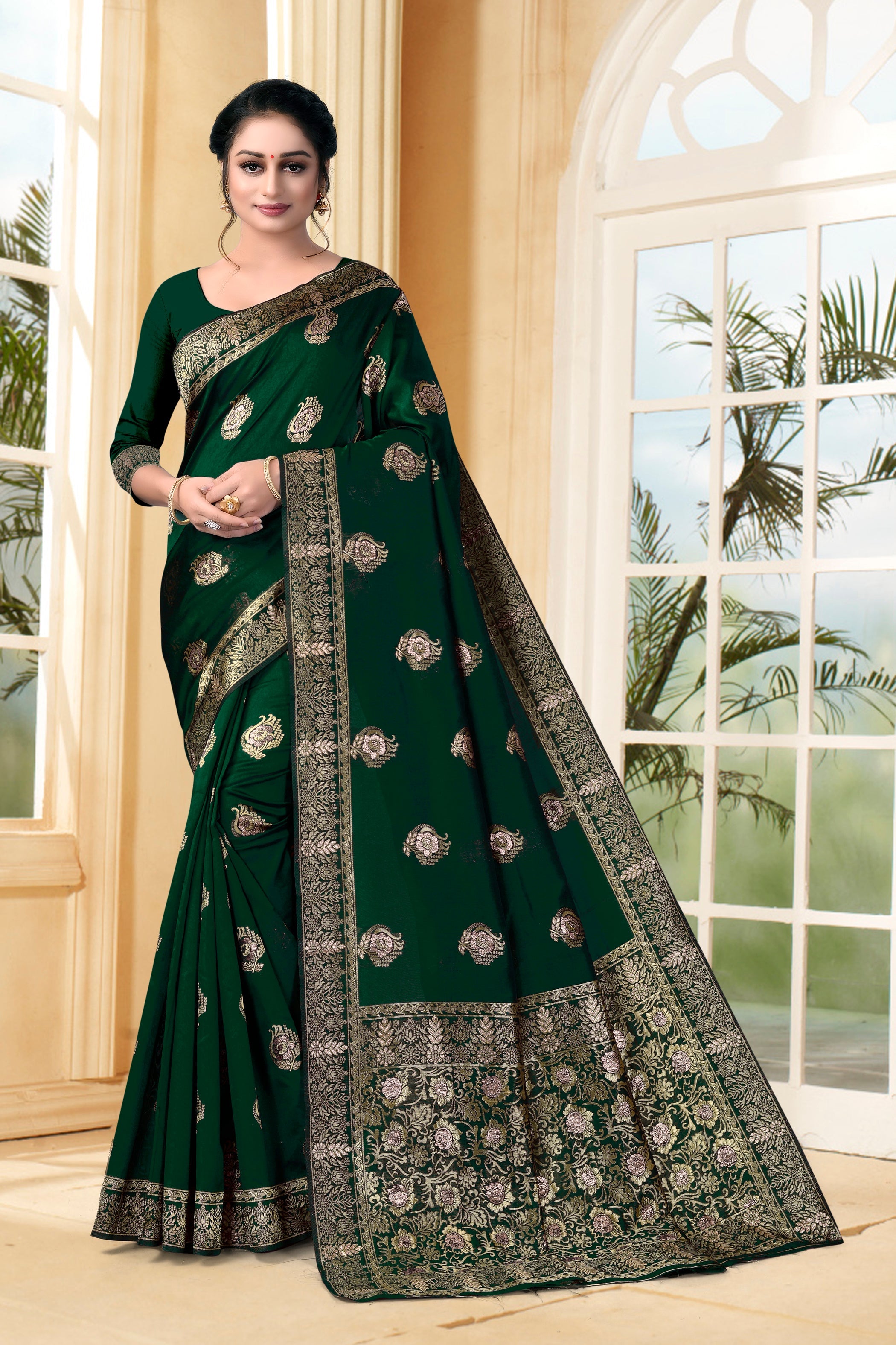 Vedant Vastram Litchi Silk Designer Banarasi Saree - Bottle Green