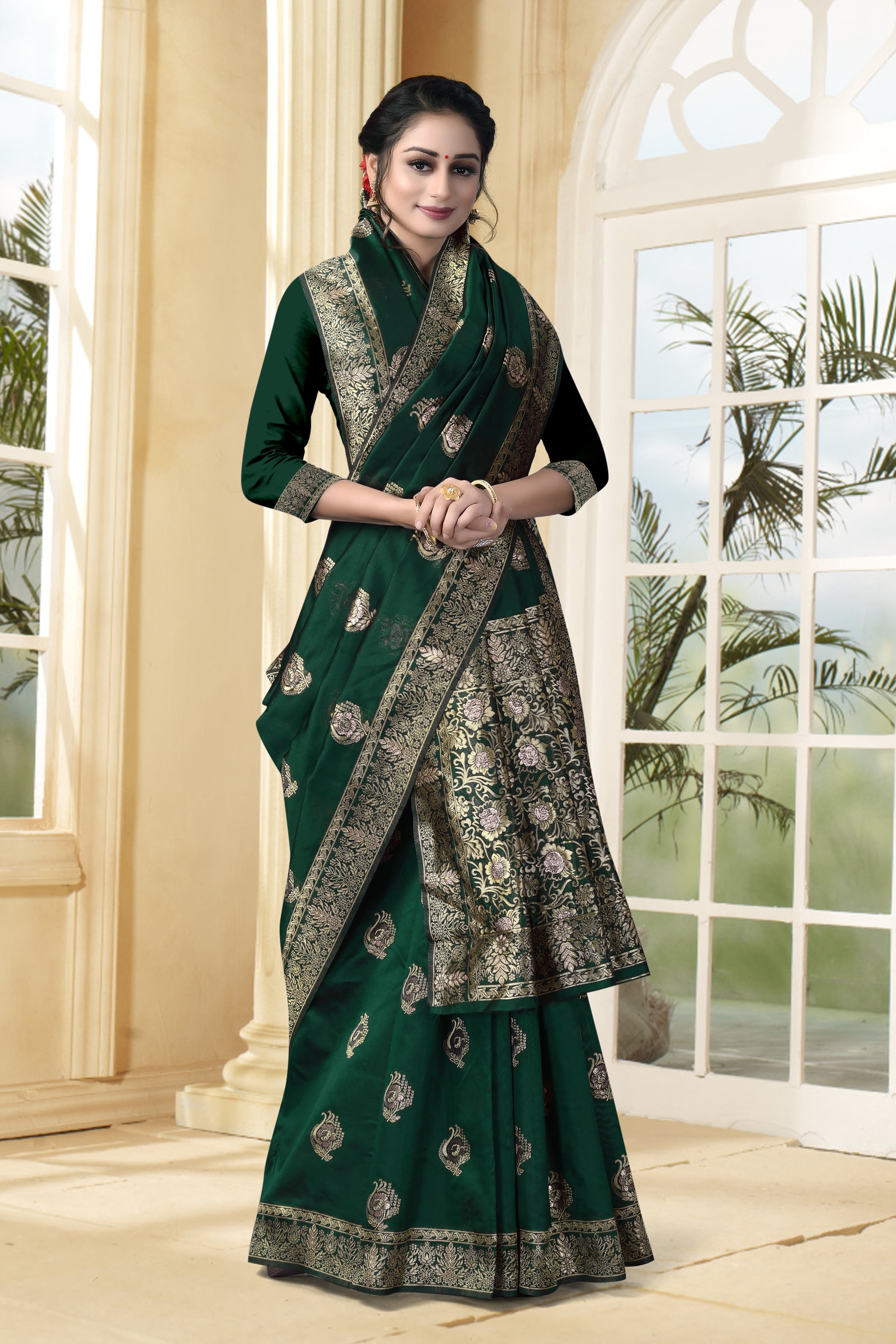 Vedant Vastram Litchi Silk Designer Banarasi Saree - Bottle Green
