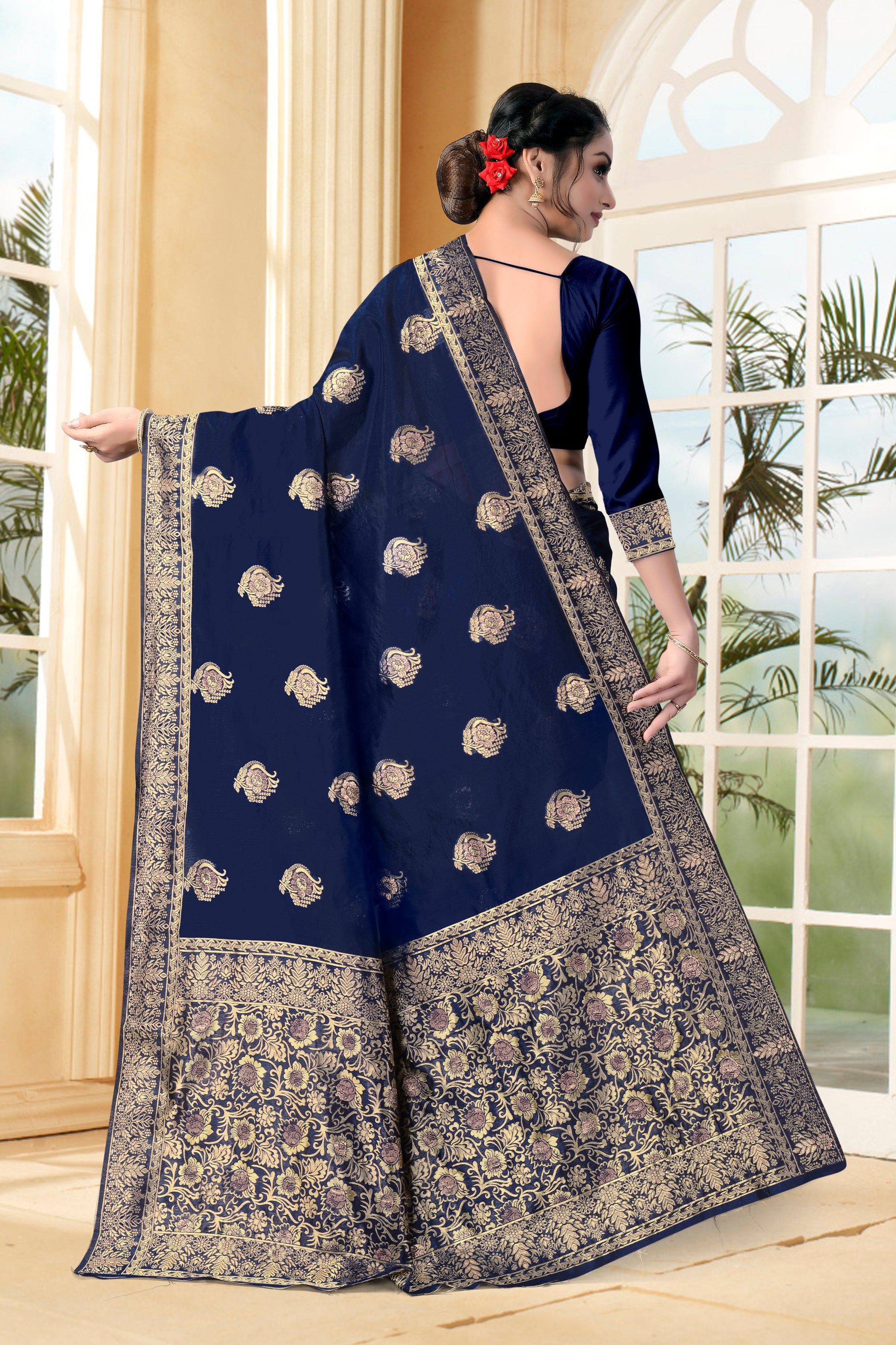 Vedant Vastram Litchi Silk Designer Banarasi Saree - Navy Blue