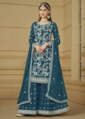 Turquoise Blue Embroidered Georgette Gharara Style Suit - Emponline