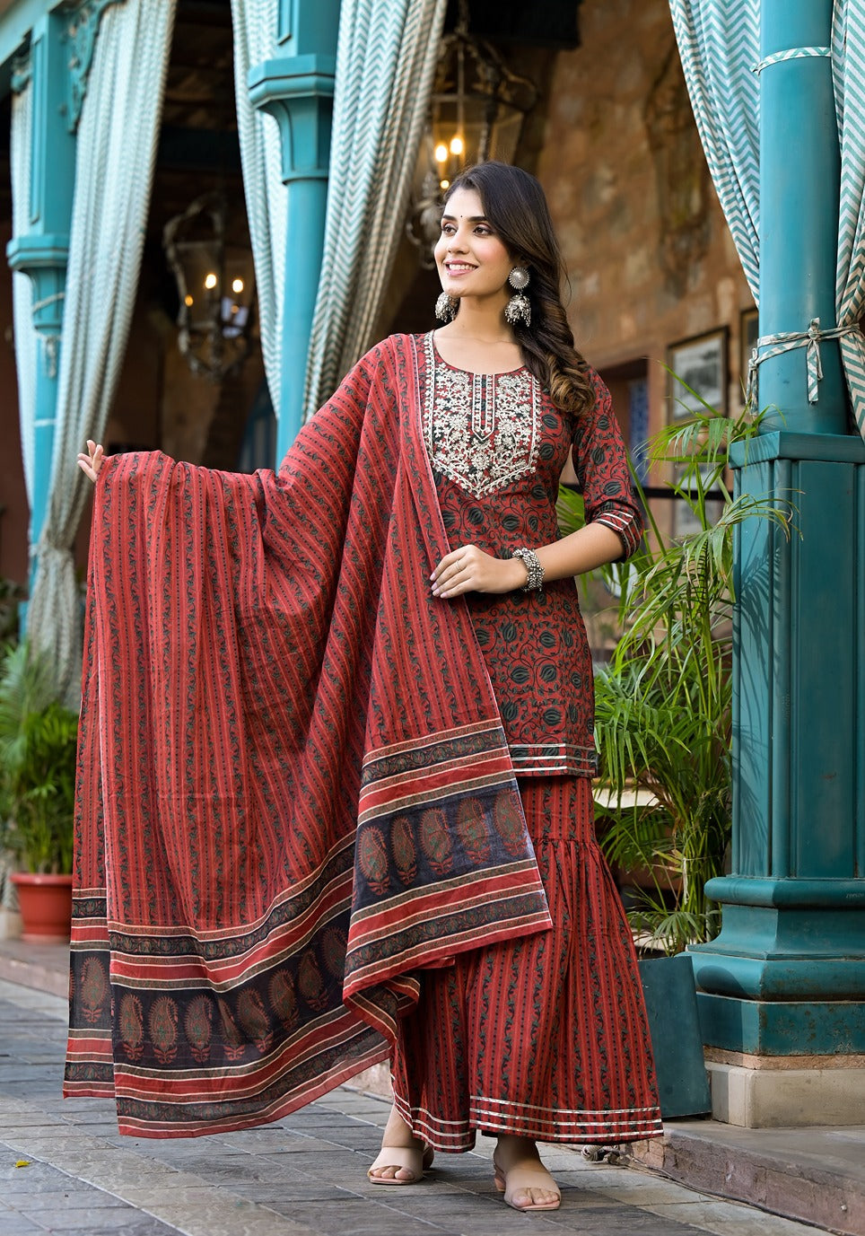 Yufta Rust Ethnic Motifs Dori_Embroidery Kurta Sharara With Dupatta Set