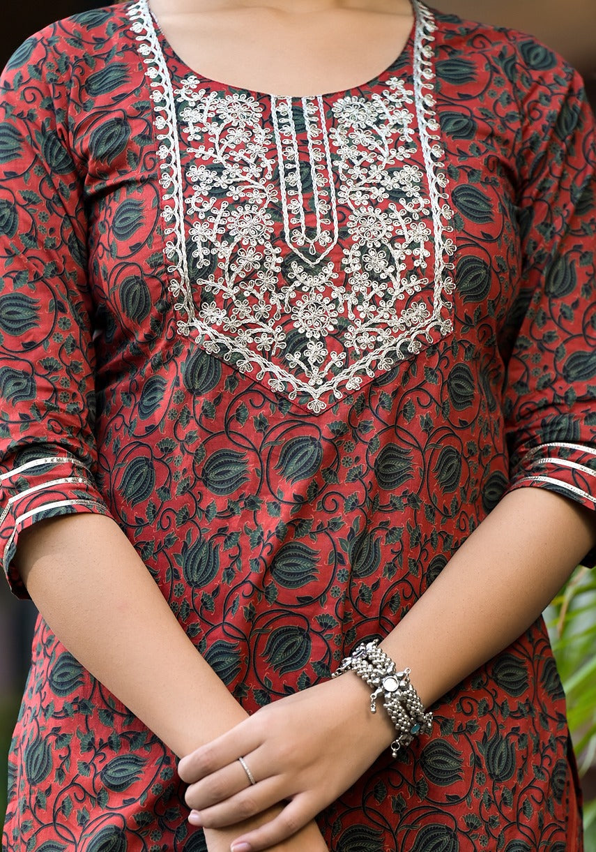 Yufta Rust Ethnic Motifs Dori_Embroidery Kurta Sharara With Dupatta Set