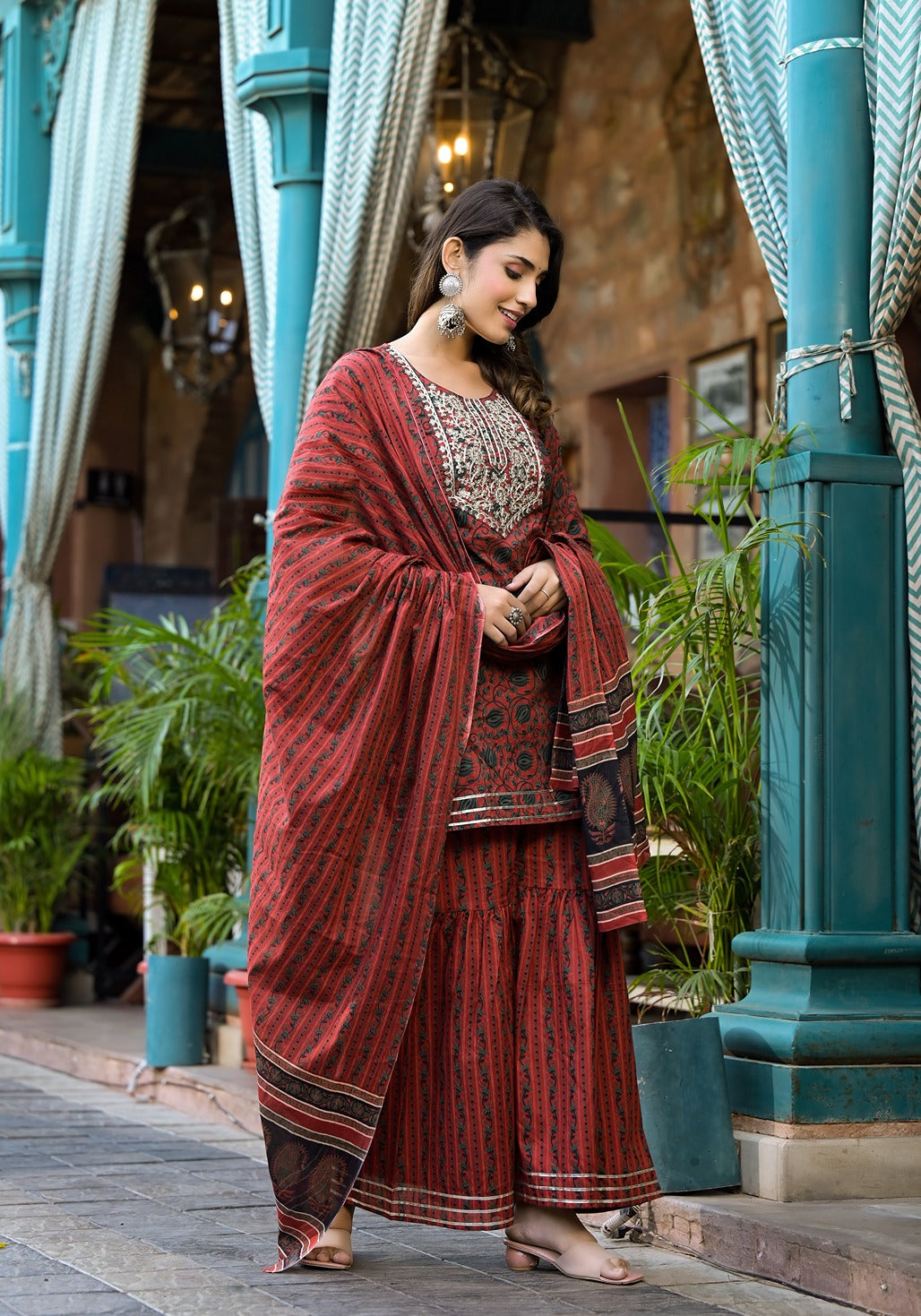 Yufta Rust Ethnic Motifs Dori_Embroidery Kurta Sharara With Dupatta Set