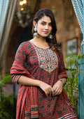 Yufta Rust Ethnic Motifs Dori_Embroidery Kurta Sharara With Dupatta Set