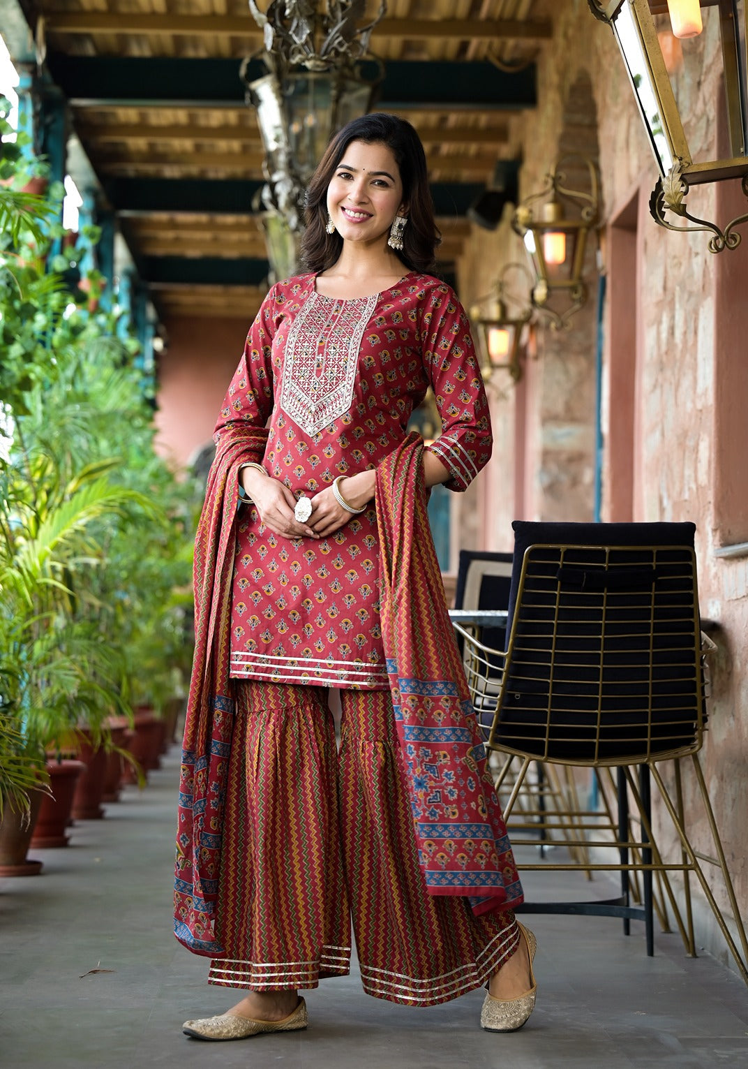 Yufta Rust Floral Sequins_Work Kurta Sharara With Dupatta Set