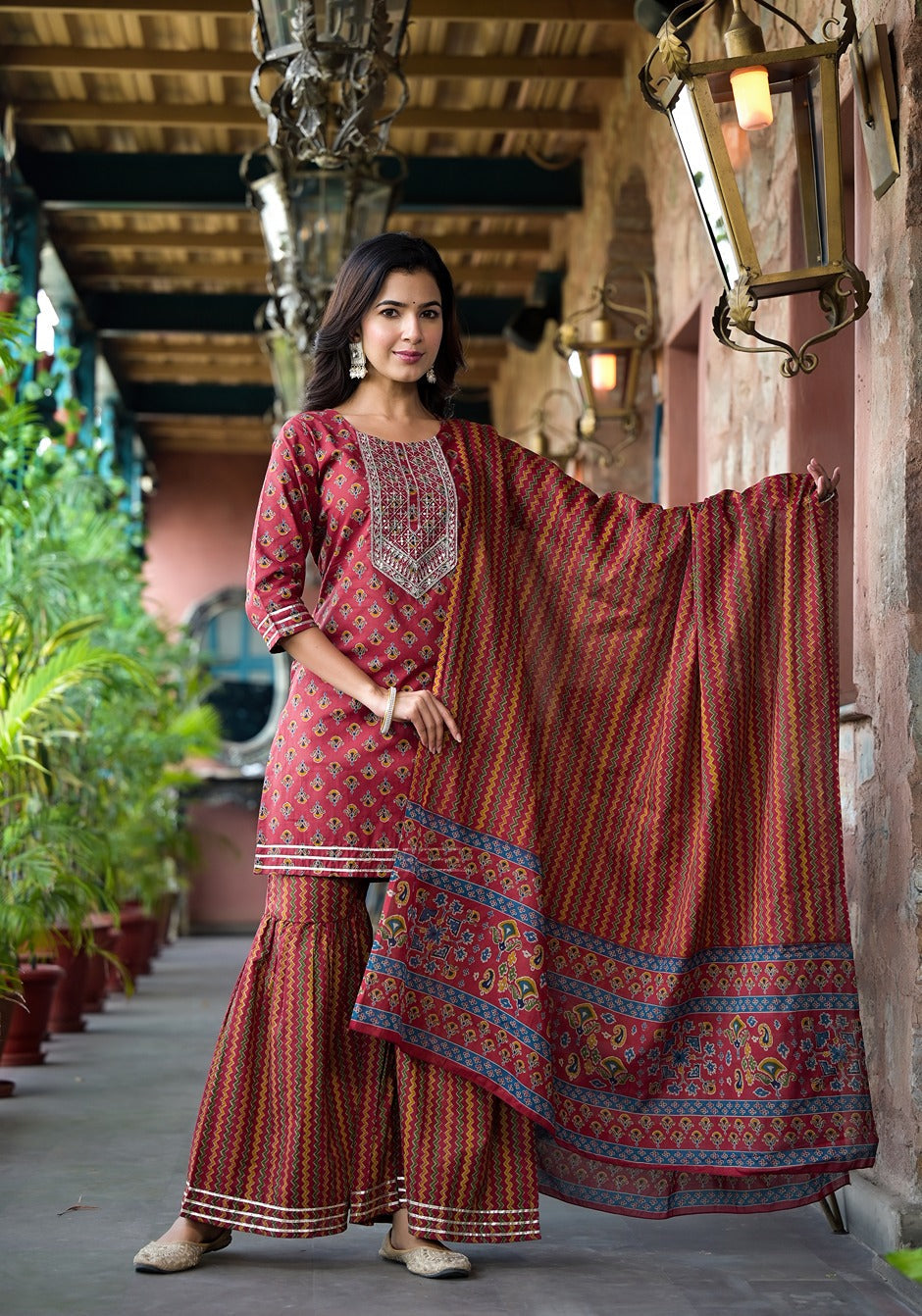 Yufta Rust Floral Sequins_Work Kurta Sharara With Dupatta Set