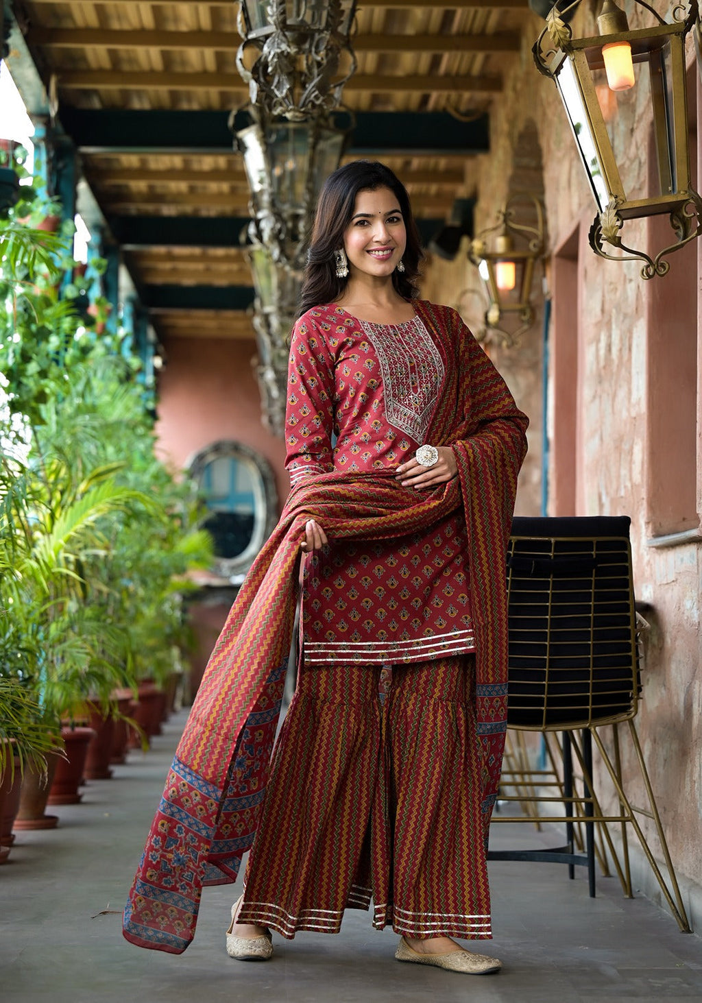 Yufta Rust Floral Sequins_Work Kurta Sharara With Dupatta Set