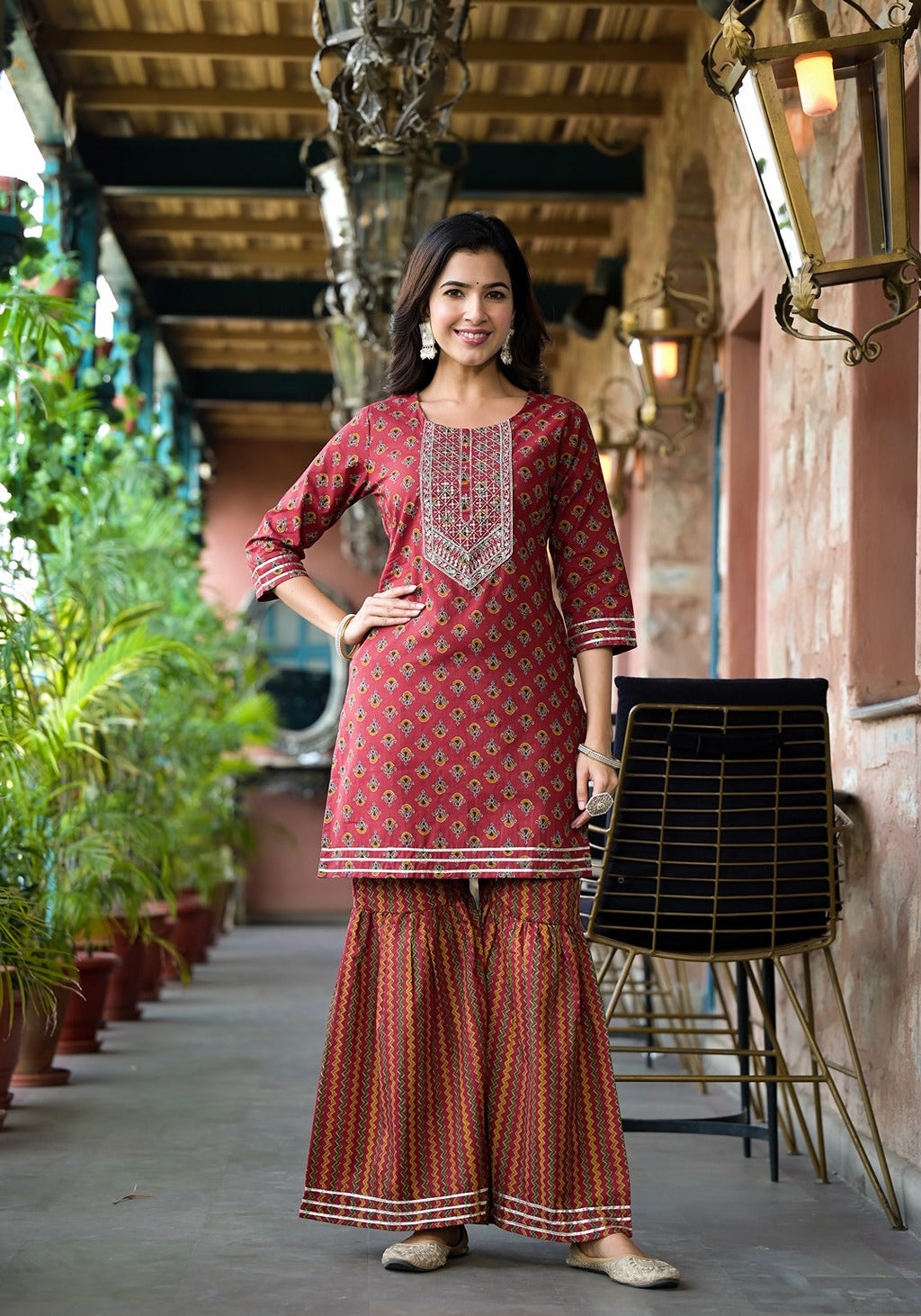 Yufta Rust Floral Sequins_Work Kurta Sharara With Dupatta Set