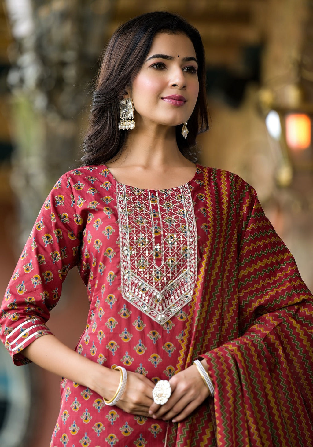 Yufta Rust Floral Sequins_Work Kurta Sharara With Dupatta Set