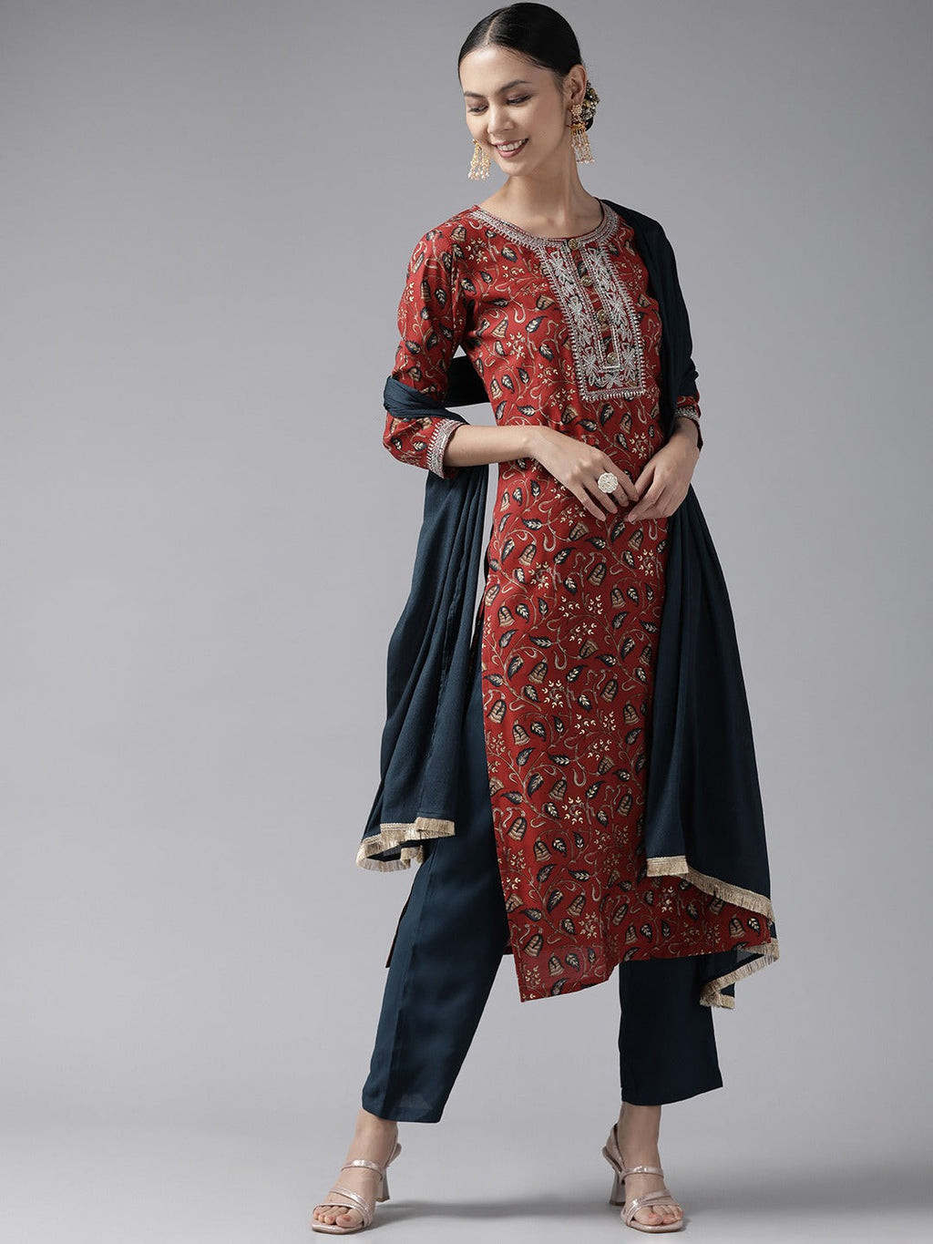 Yufta Rust Thread Work Dupatta Set