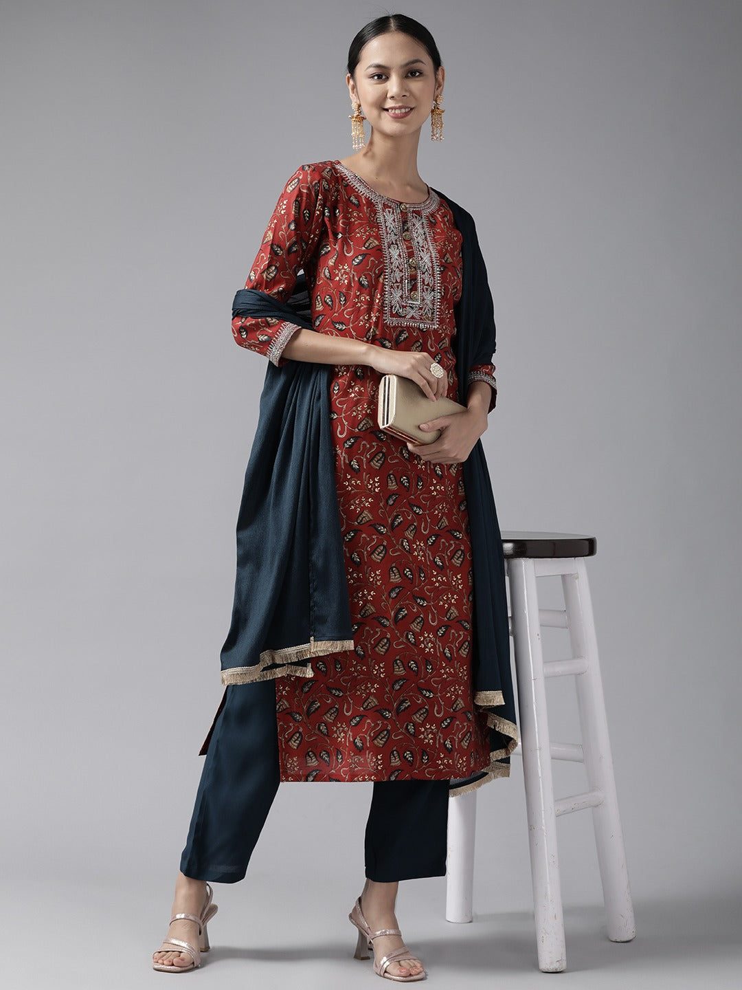 Yufta Rust Thread Work Dupatta Set