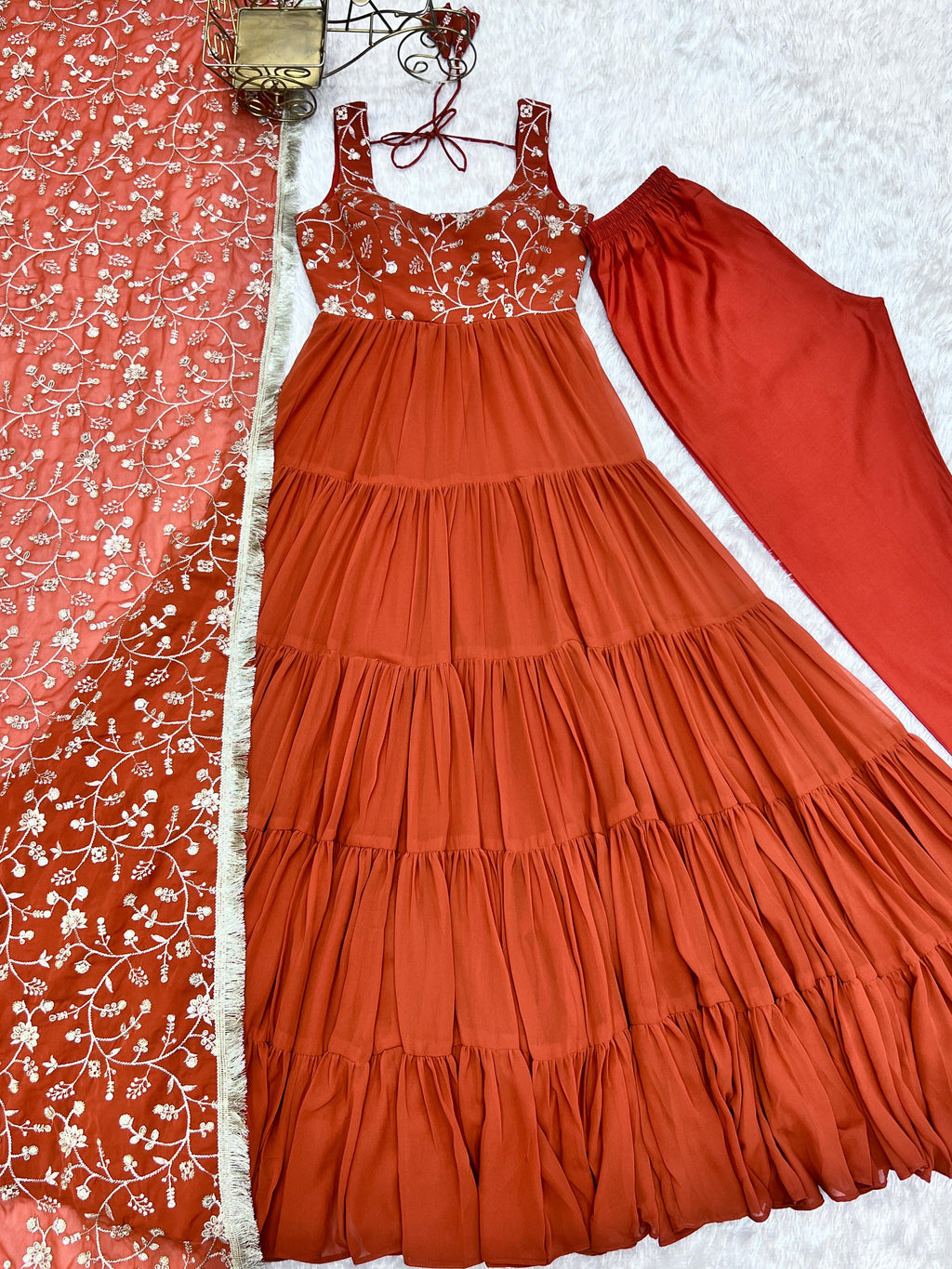 Lorenvalley Rust Faux Georgette Layer Gathering Anarkali Pant With Dupatta Set