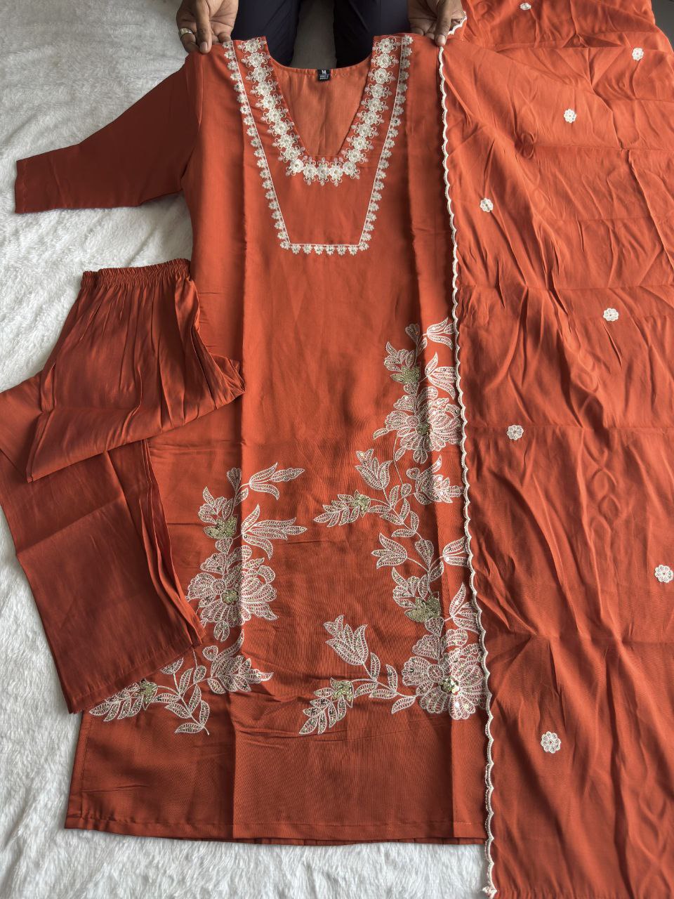 Lorenvalley Fashion Rust Roman Silk Embroidery with Sequence Work Kurta Pant with Dupatta