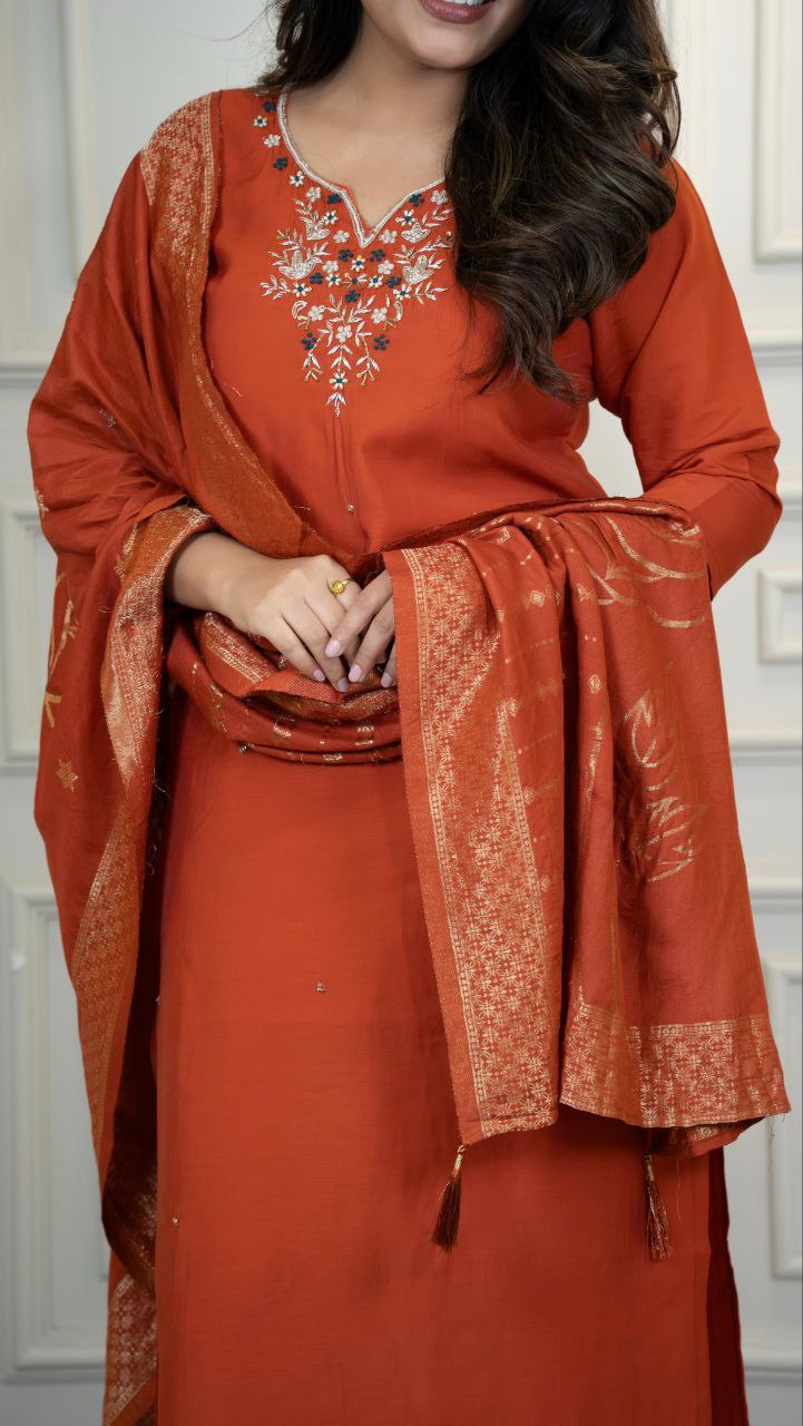 Lorenvalley Fashion Rust Roman Silk Hand Work Kurta Pant with Dupatta