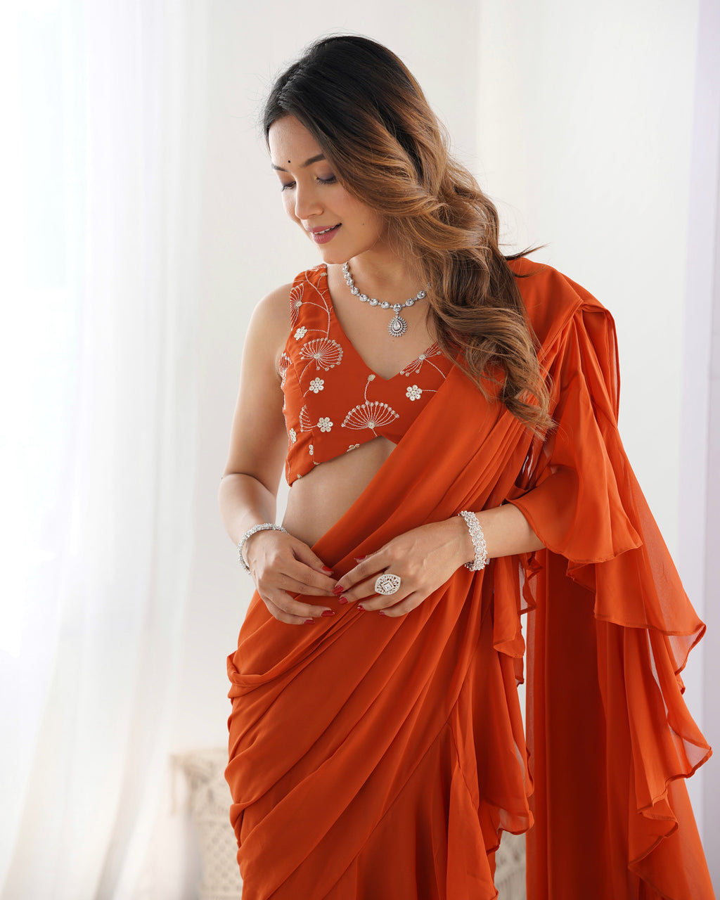 Lorenvalley Rust Faux Georgette Ready To Wear Sharara Saree with Full Stitched Blouse