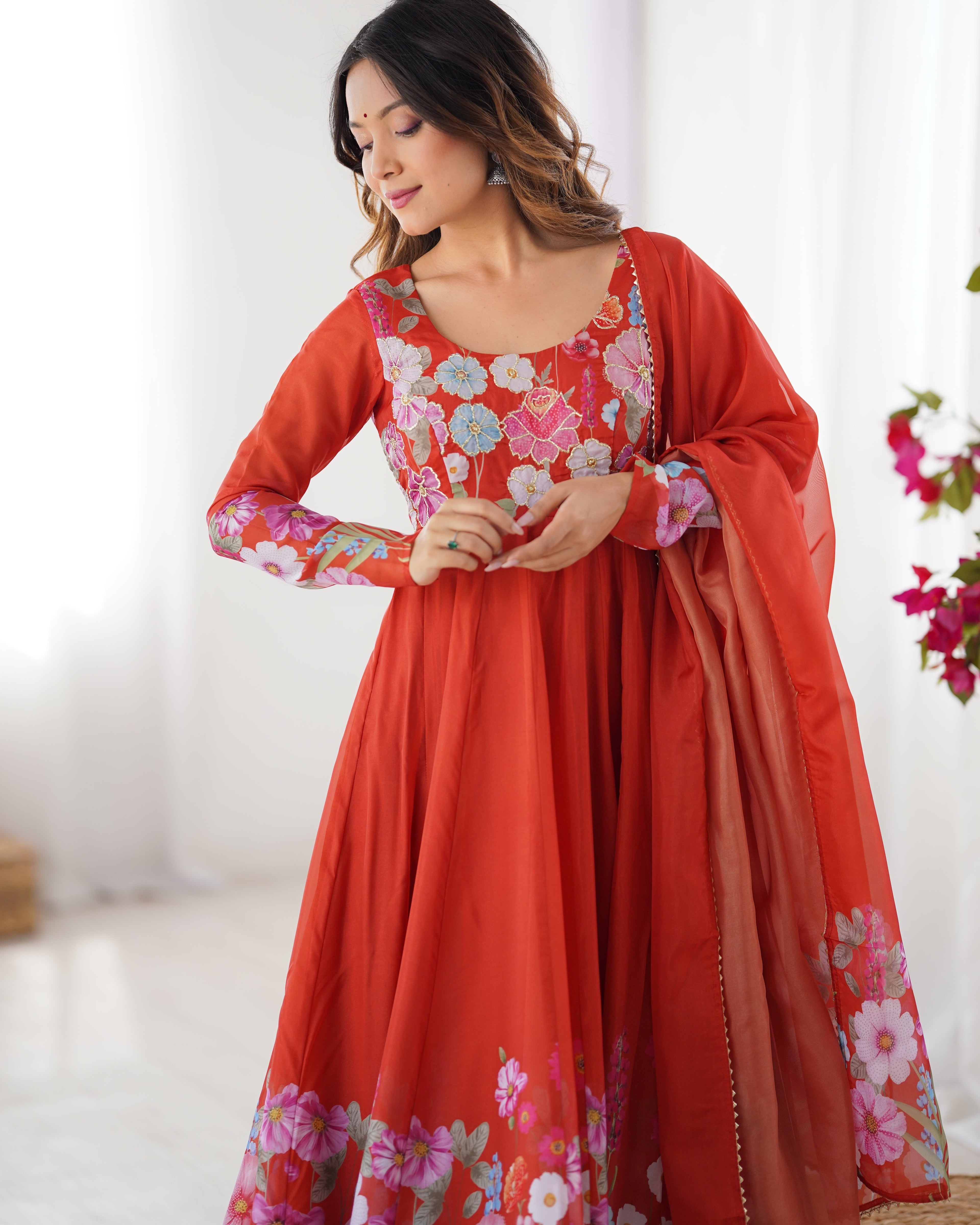 Lorenvalley Rust Soft Organza Silk With Floral Print Fully Flared Anarkali Pant With Dupatta Set