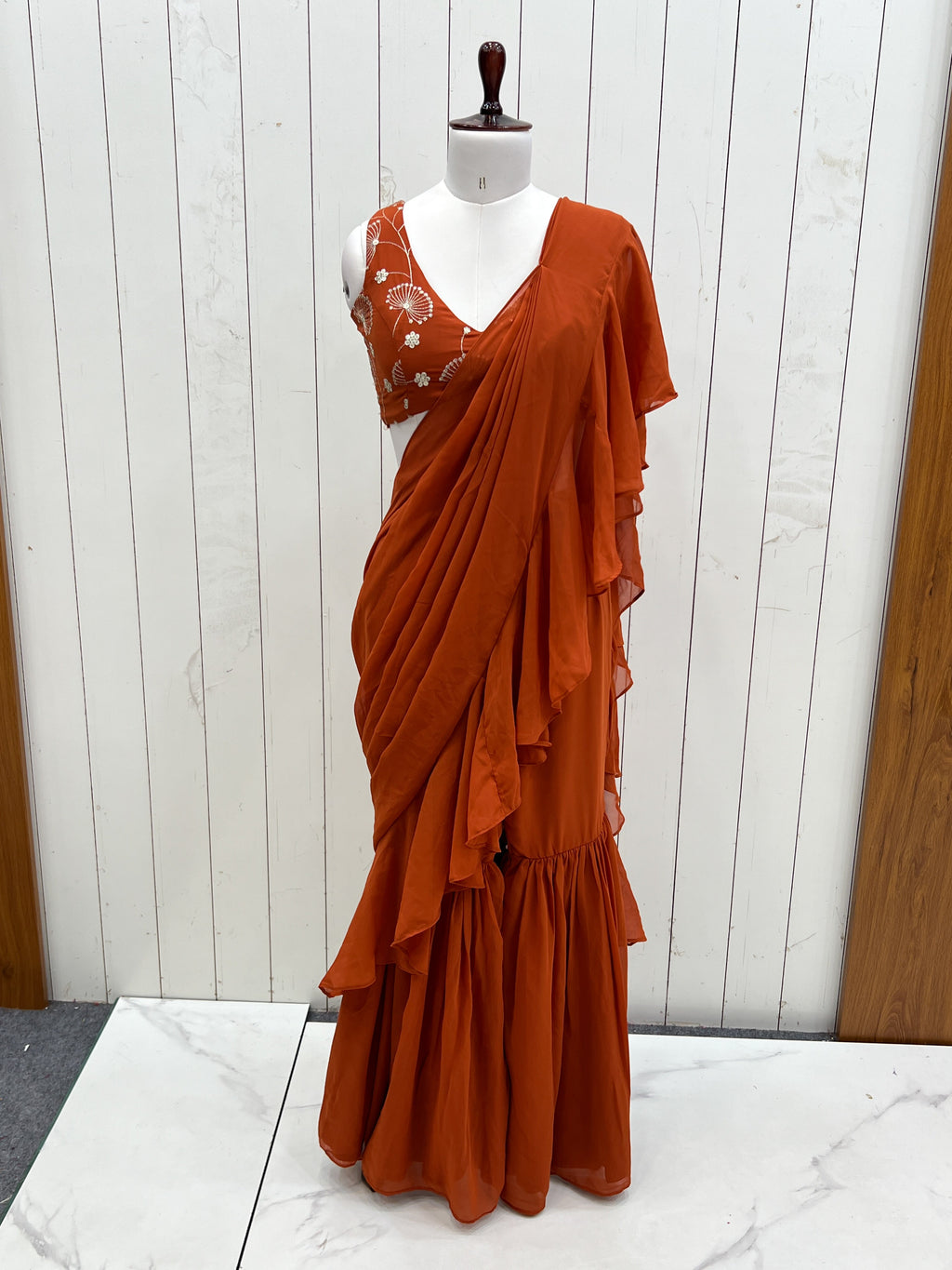 Lorenvalley Rust Faux Georgette Ready To Wear Sharara Saree with Full Stitched Blouse