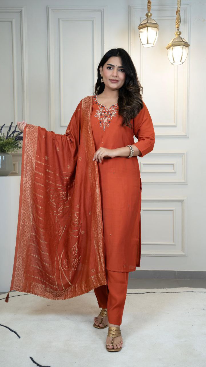 Lorenvalley Fashion Rust Roman Silk Hand Work Kurta Pant with Dupatta