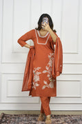 Lorenvalley Fashion Rust Roman Silk Embroidery with Sequence Work Kurta Pant with Dupatta