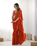 Lorenvalley Rust Faux Georgette Ready To Wear Sharara Saree with Full Stitched Blouse