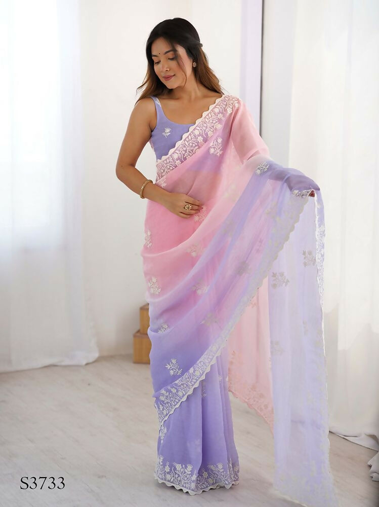 Light Pink Crunchy Silk Embroidery Work Party Wear Saree - Lakshita