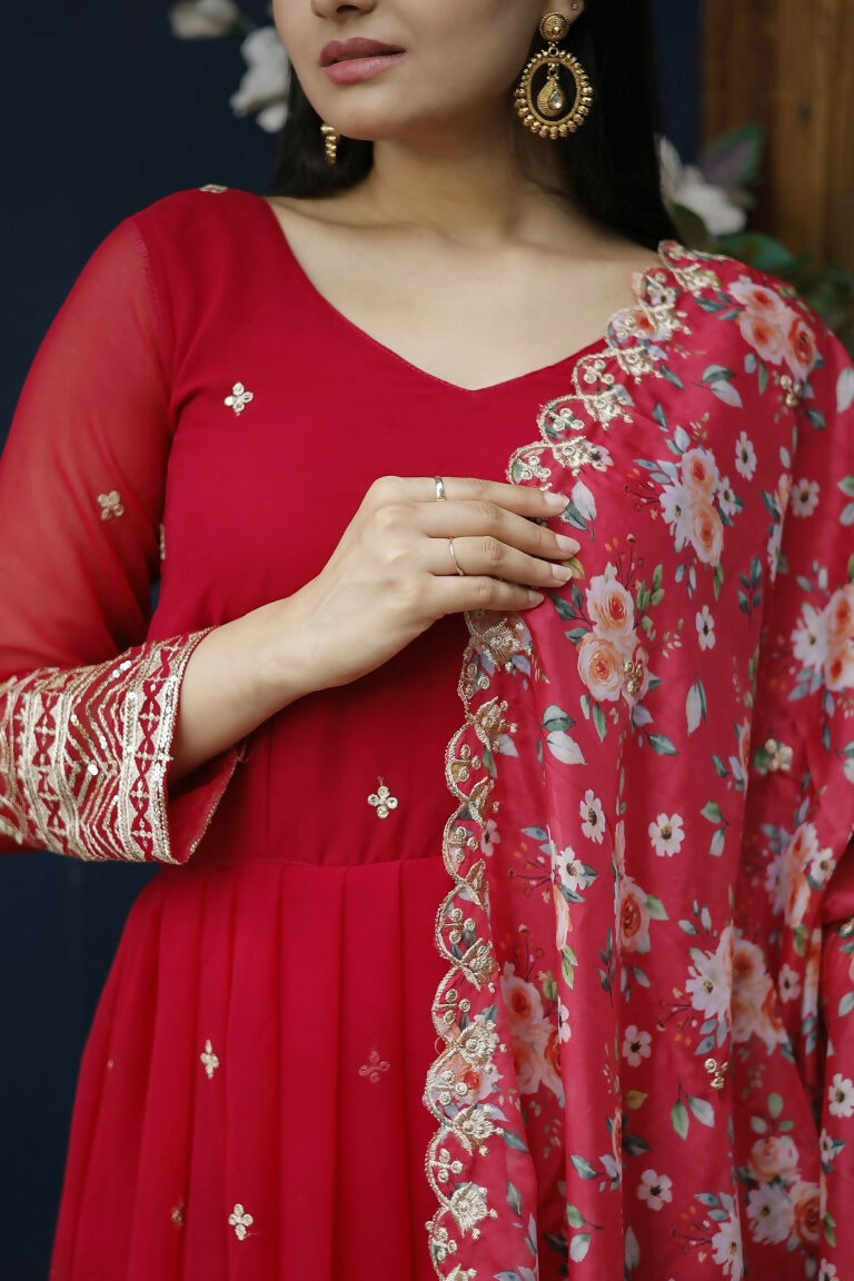 Jyoti Fashion Women's Red Faux Blooming Sequins with Zari Embroidery Anarkali Dress with Dupatta