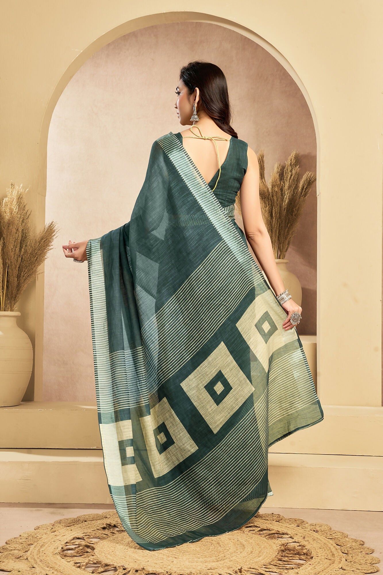 Vastranavya Morpeach Digital Printed Linen Ready To Wear Pocket Saree with Unstitched Blouse