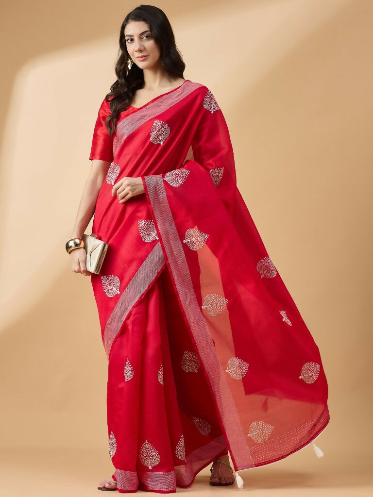 Red Cotton Blend Thread Embroidered Saree with Unstitched Blouse - Satya