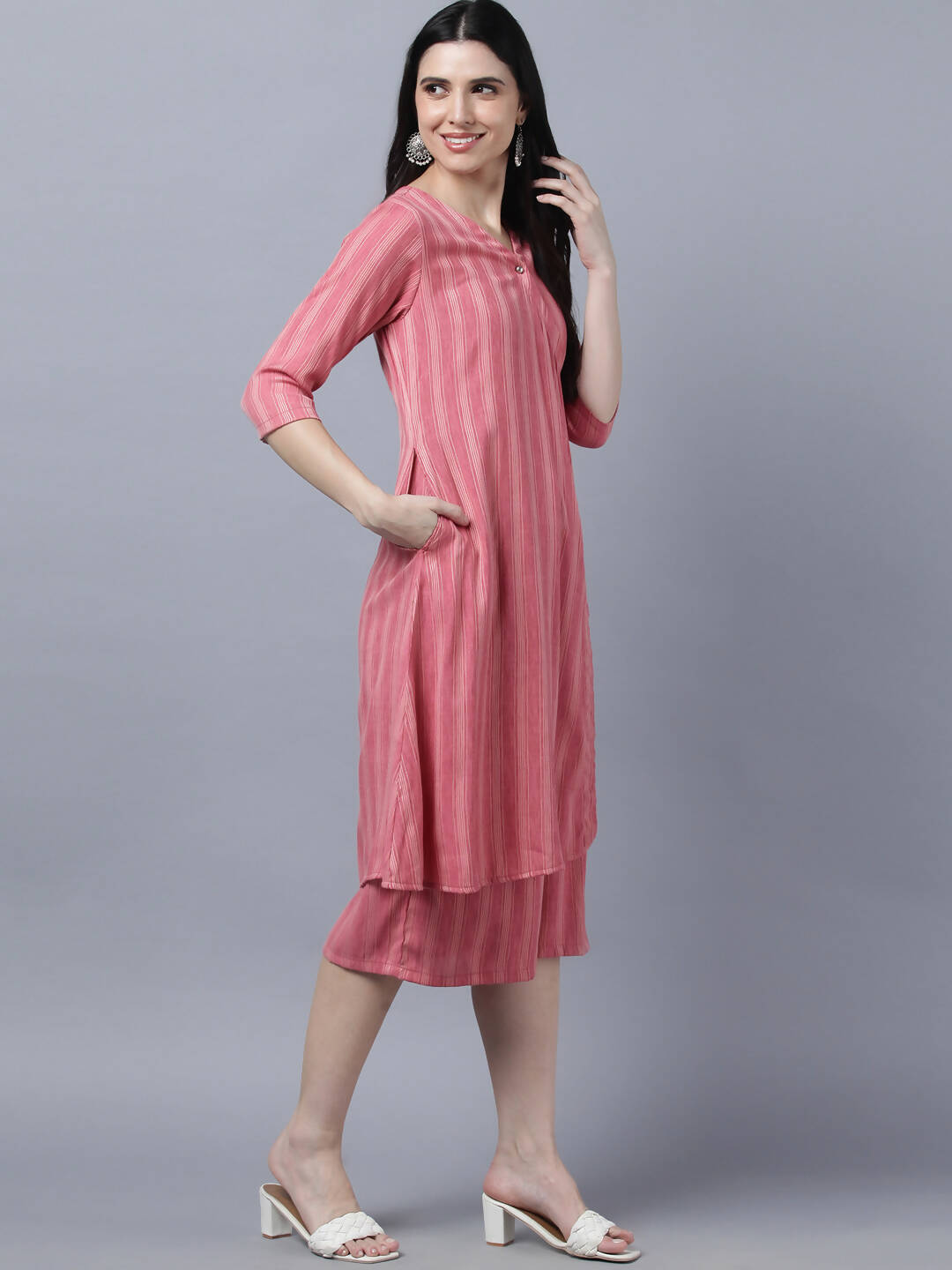 Myshka Stylish Pink Cotton 3/4 Sleeve Women's Kurta Palazzo Set