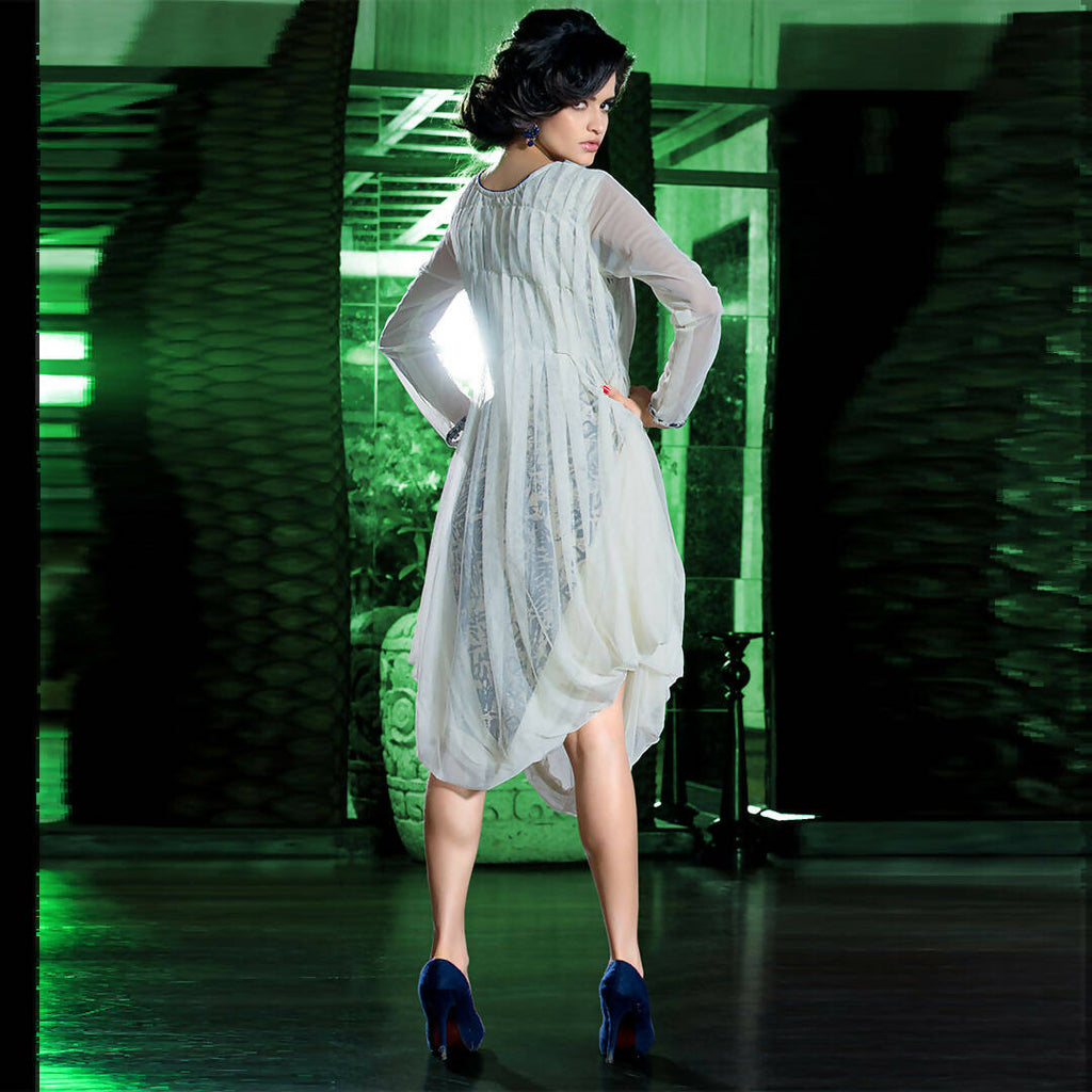 Off White Georgette Floral Embroidered A-line Kurti - Missy