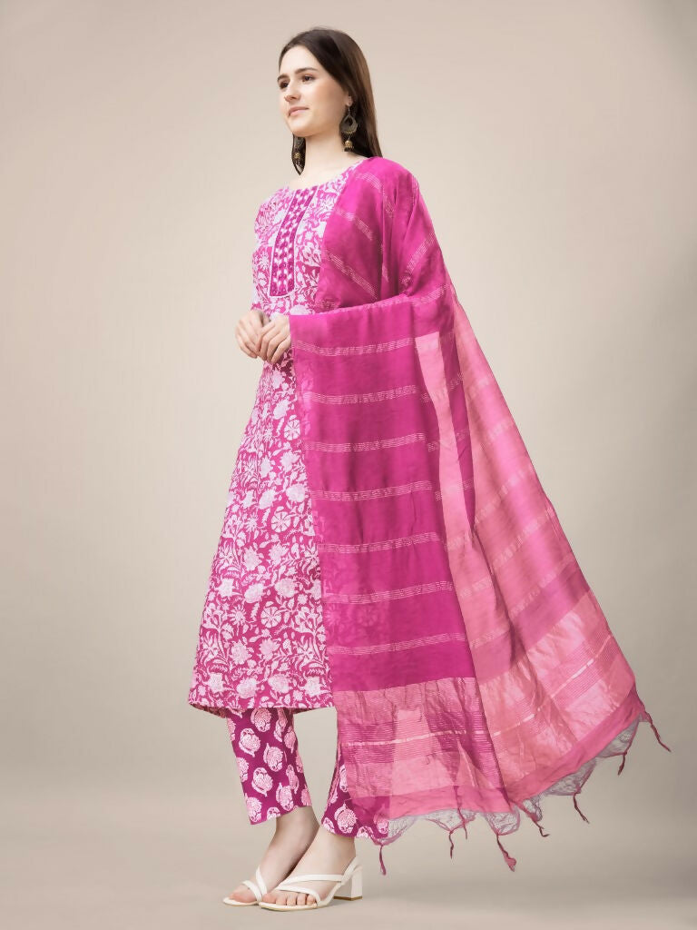 Jyoti Fashion Women's Pink Rayon Print with Embroidery & Fancy Lace Work Kurta with Trouser & Dupatta