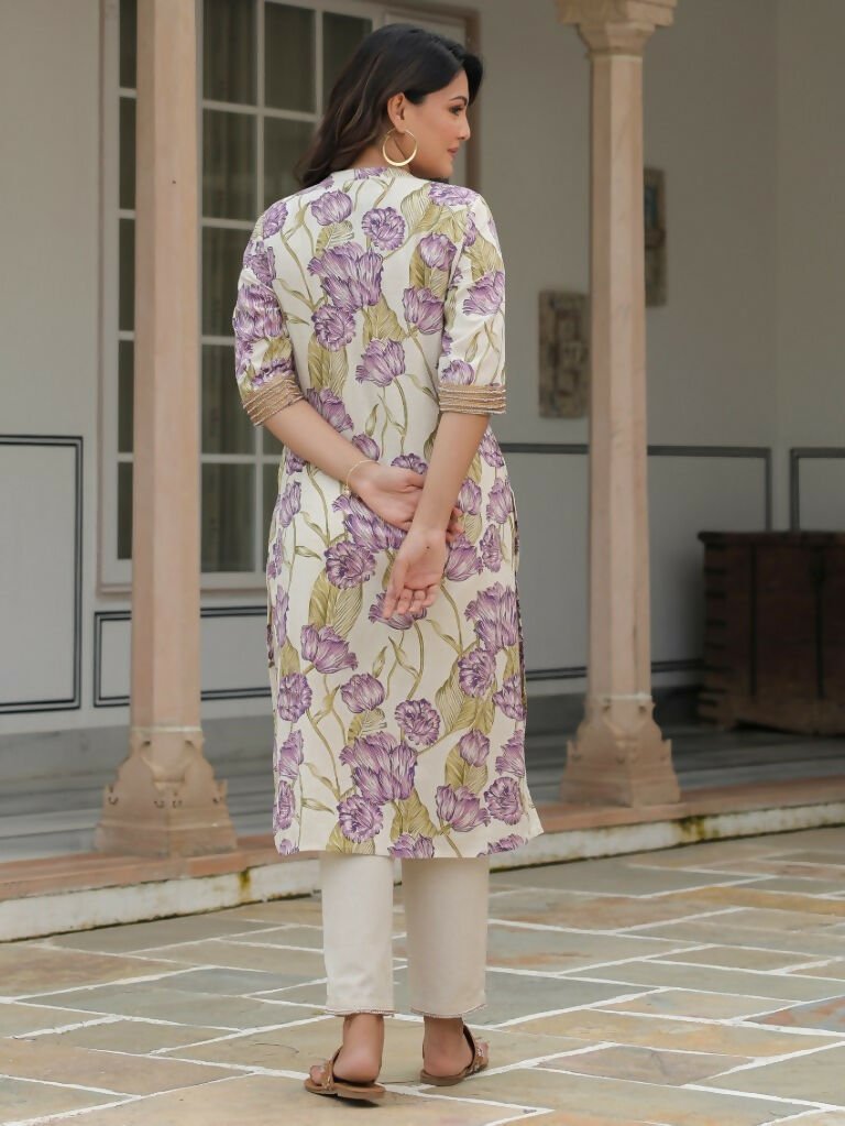 Aramya Straight Linen Cotton Floral Print Women's Kurta - Off White