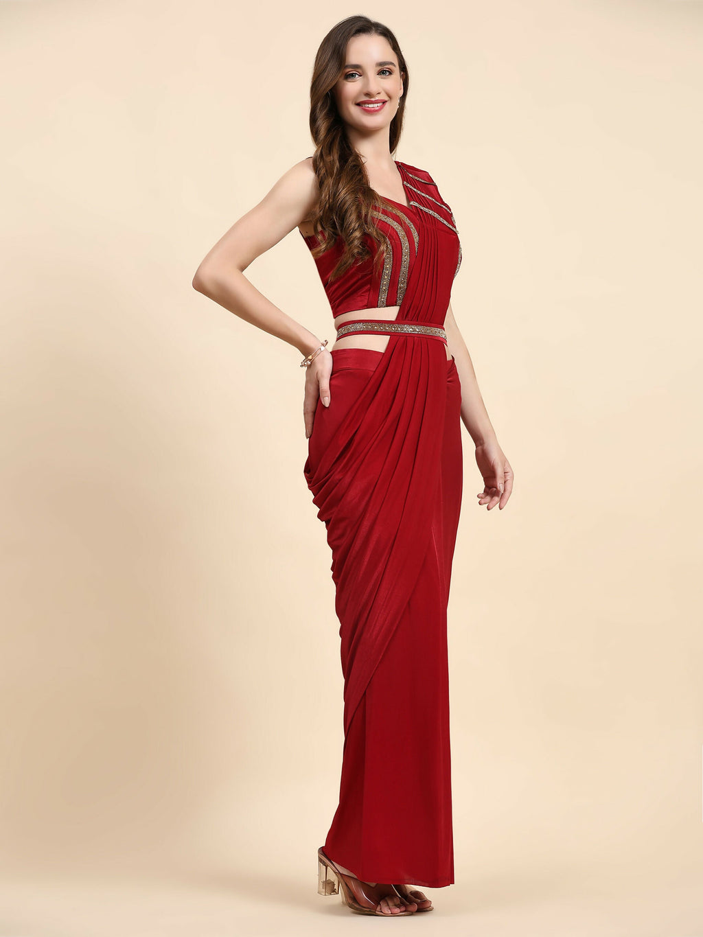 Red Imported Crystle Solid Ready to Wear Saree with stitched Blouse - Nita
