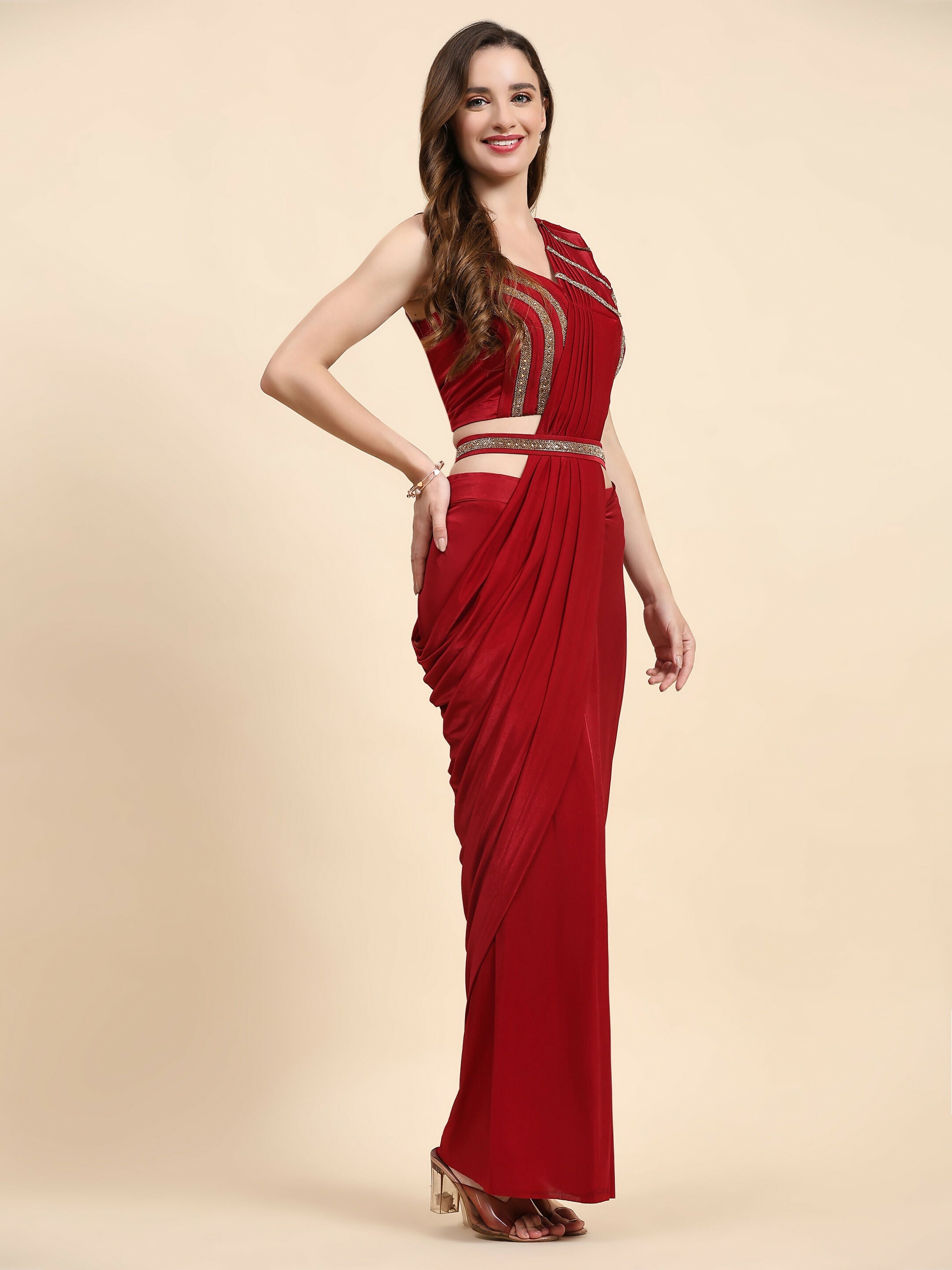 Red Imported Crystle Solid Ready to Wear Saree with stitched Blouse - Nita